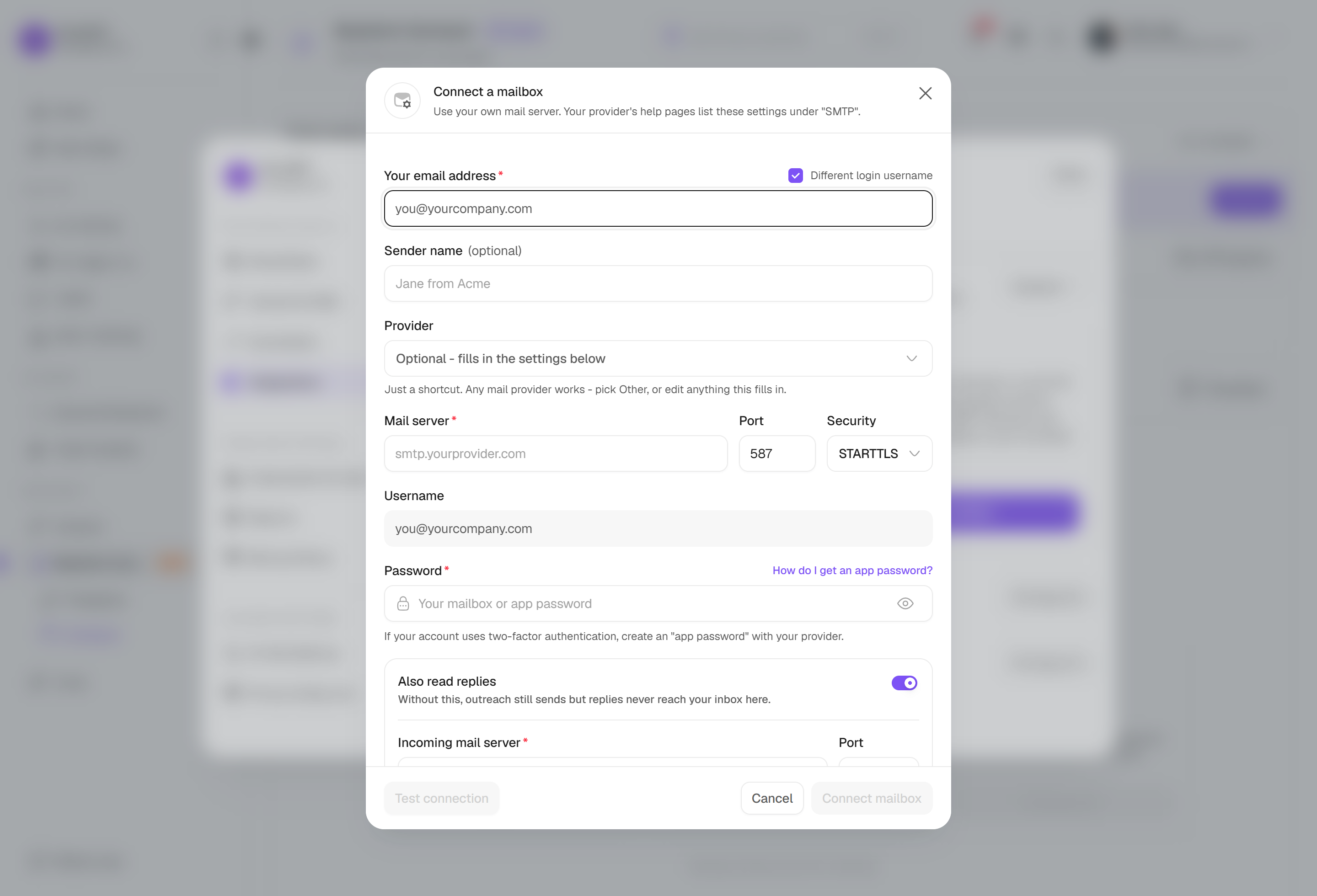 The Connect a mailbox dialog in Settings, showing the sending server fields and the Also read replies toggle