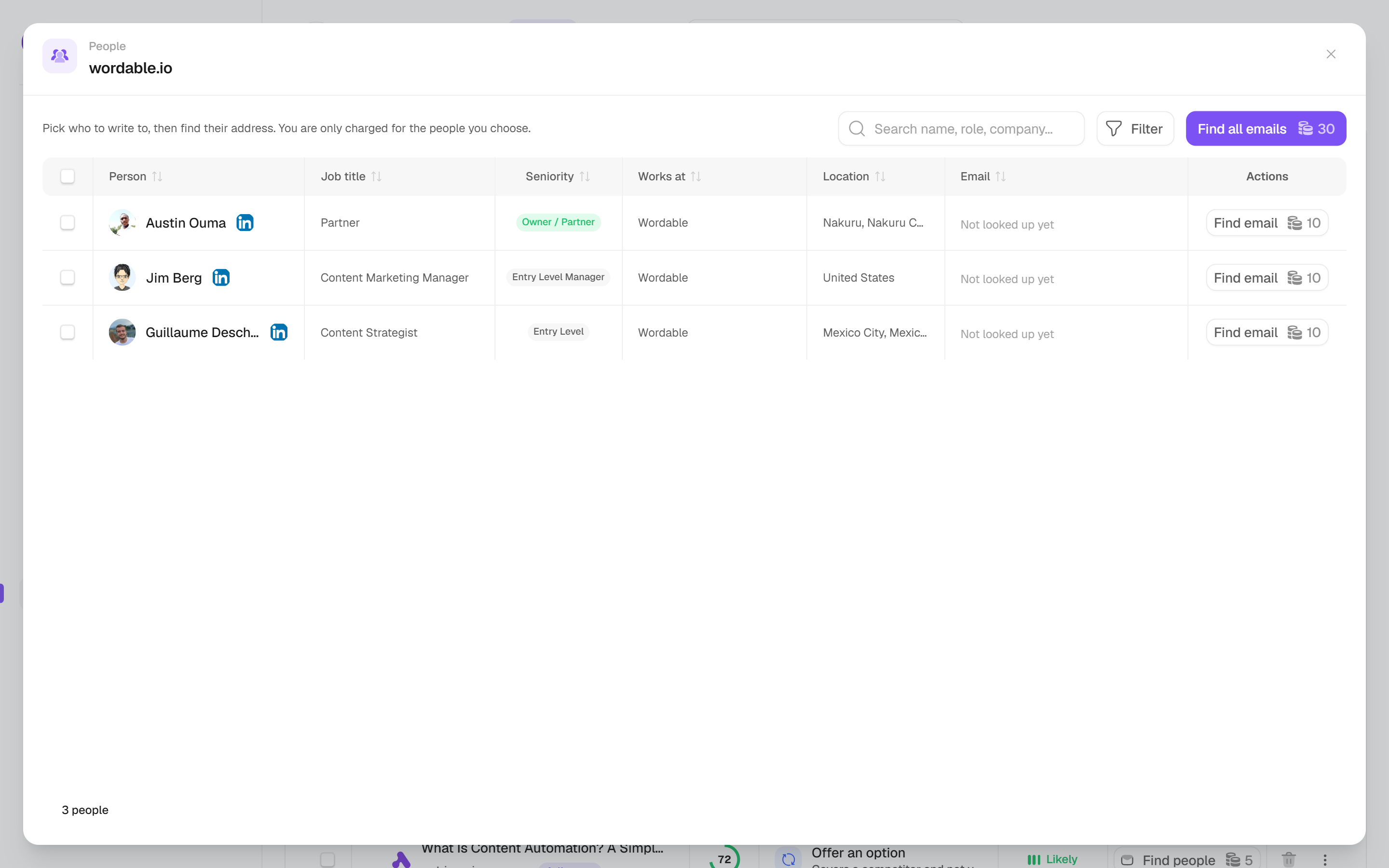 The People panel for a site, listing each person with their job title, seniority, employer and location, and the cost to look up each address