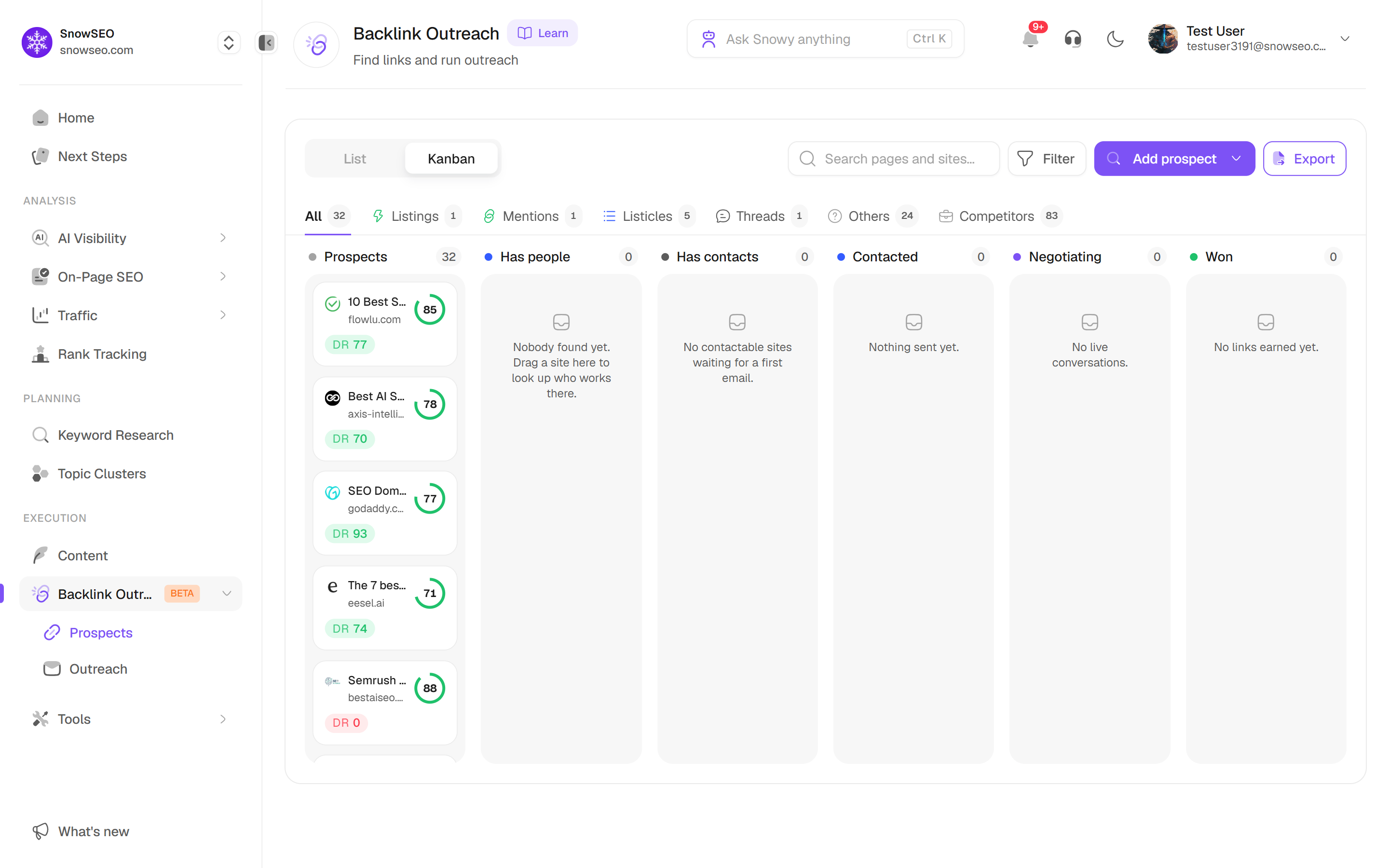 The Kanban board with one column per stage: Prospects, Has people, Has contacts, Contacted, Negotiating, and Won