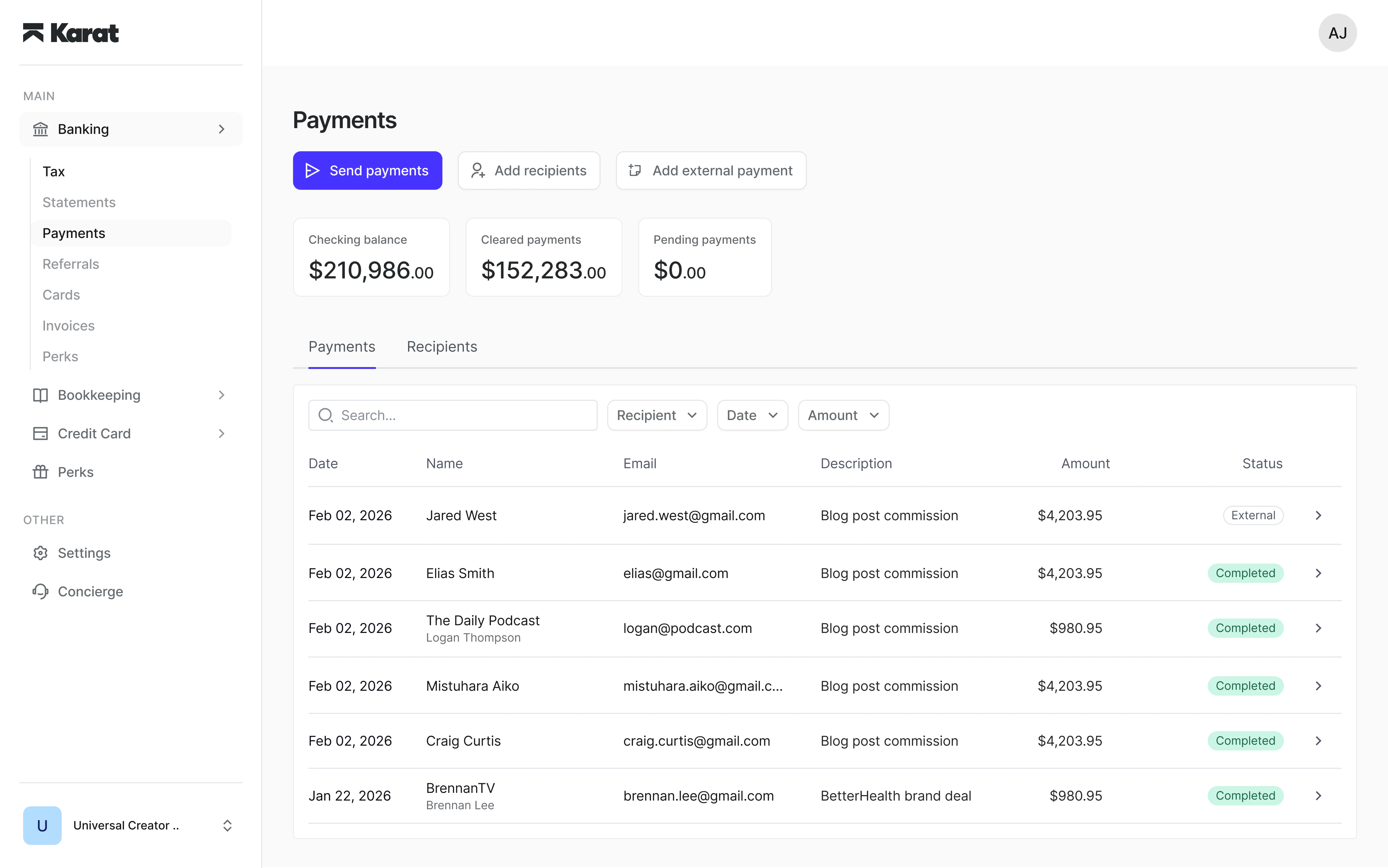 Payments dashboard