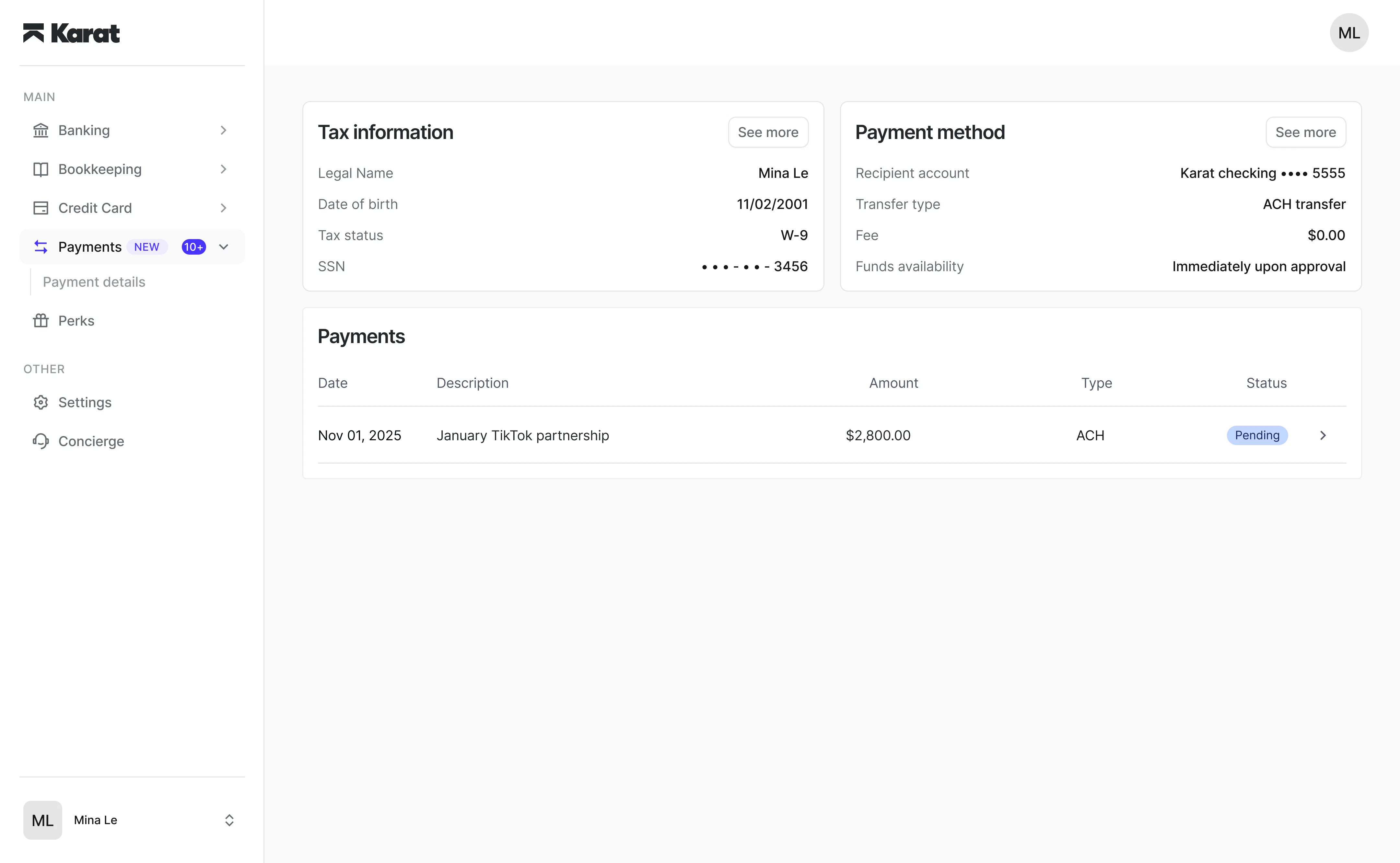 Recipient payments dashboard