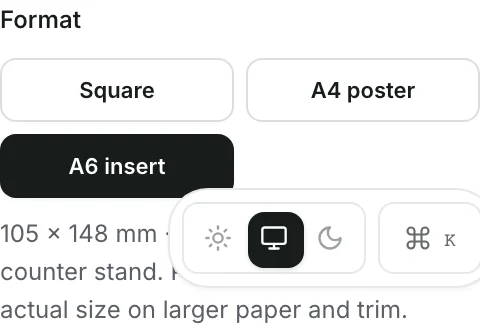 Square, A4 poster and selected A6 insert options, with the 105 by 148 millimetre dimensions.