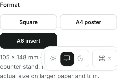 Square, A4 poster and selected A6 insert options, with the 105 by 148 millimetre dimensions.