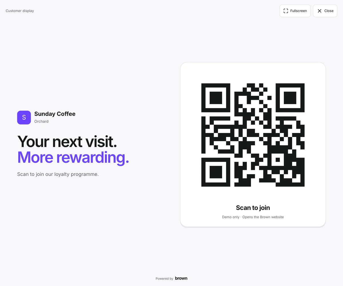 Kardy’s customer-facing laptop display with merchant branding beside a large join QR.