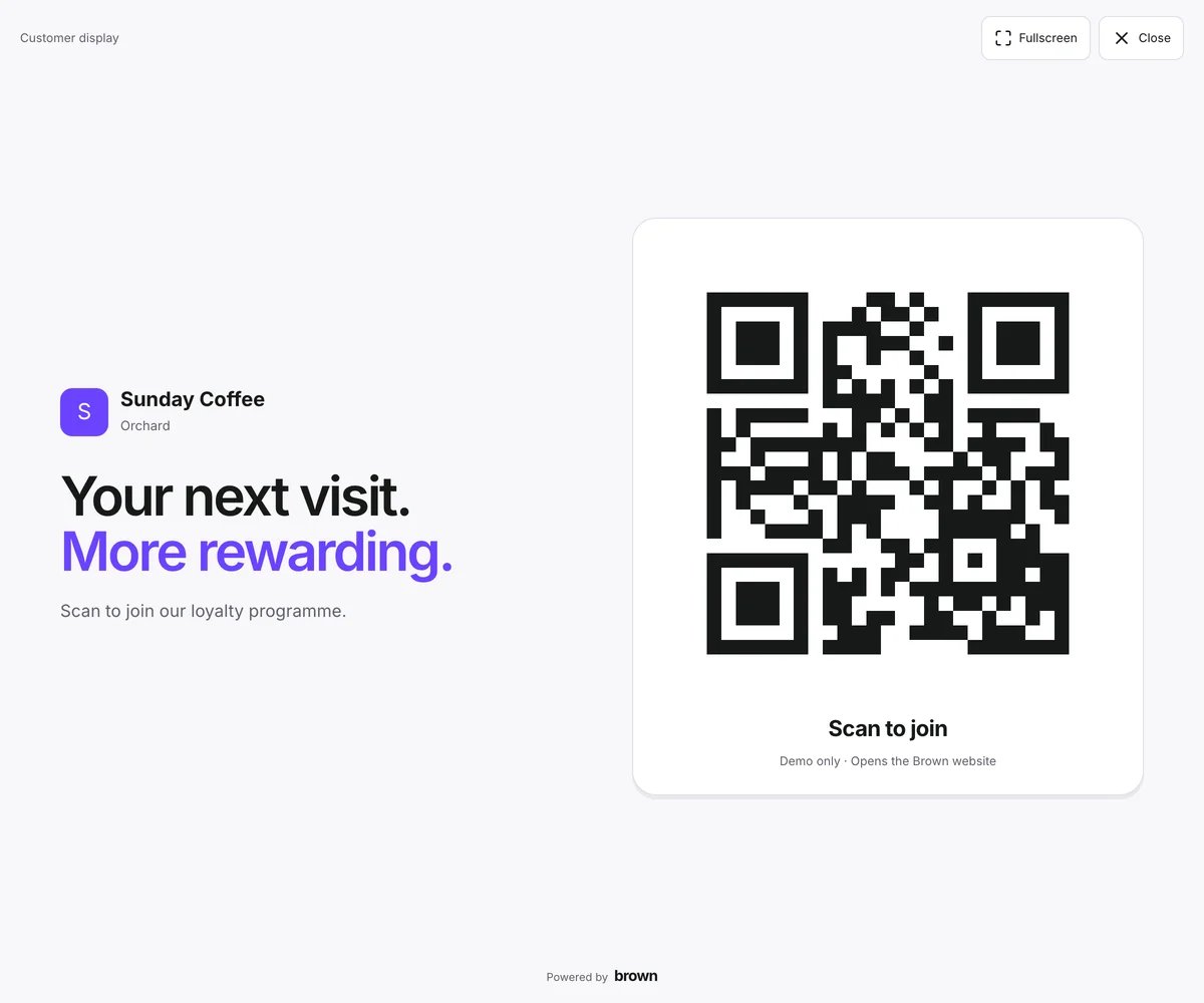 Kardy’s customer-facing laptop display with merchant branding beside a large join QR.