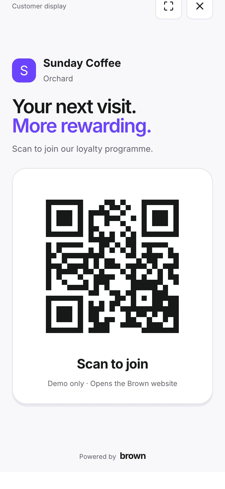 Kardy’s customer-facing phone QR display for Sunday Coffee, with fullscreen and close controls.