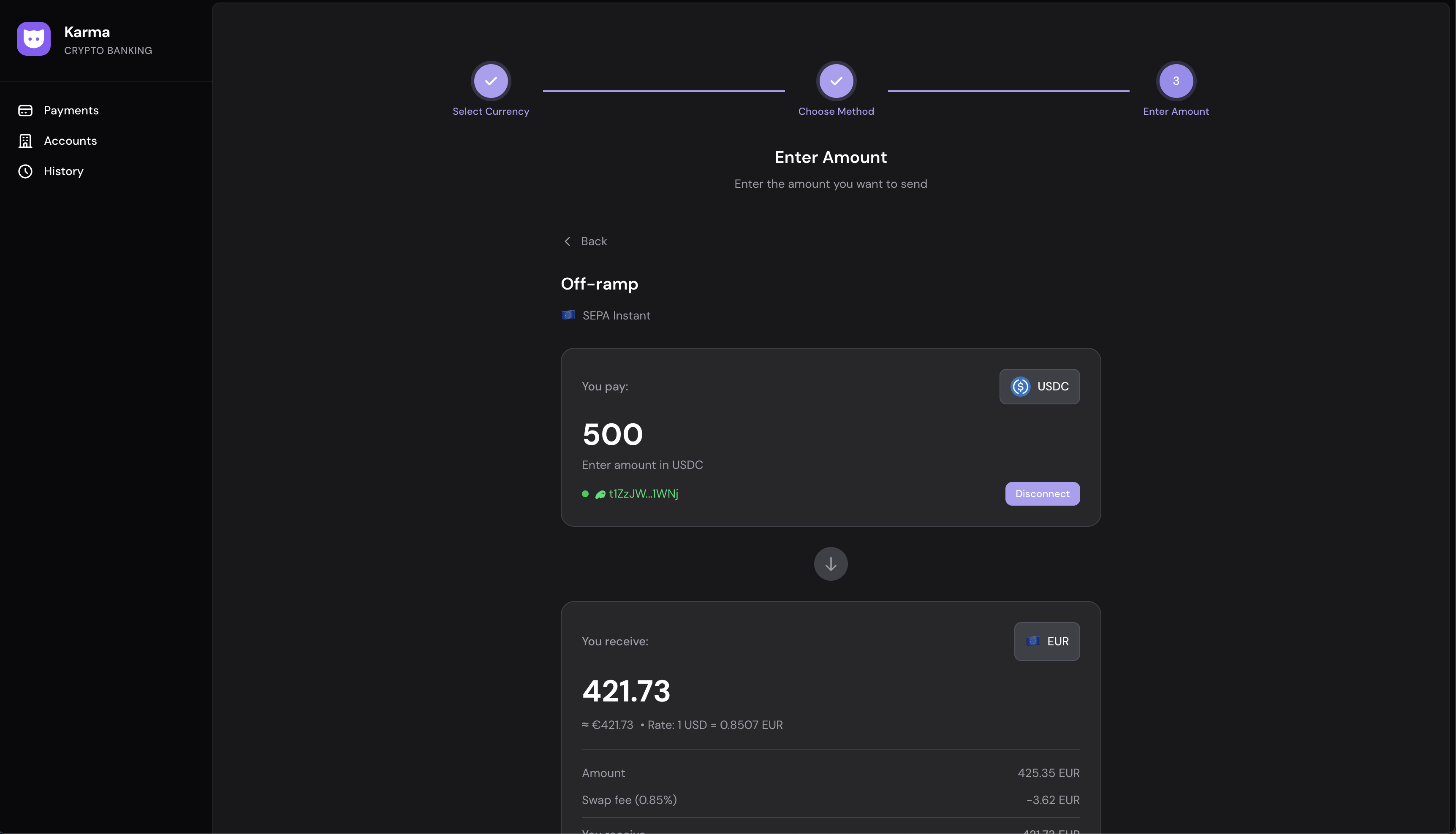 Karma Pay interface screenshot