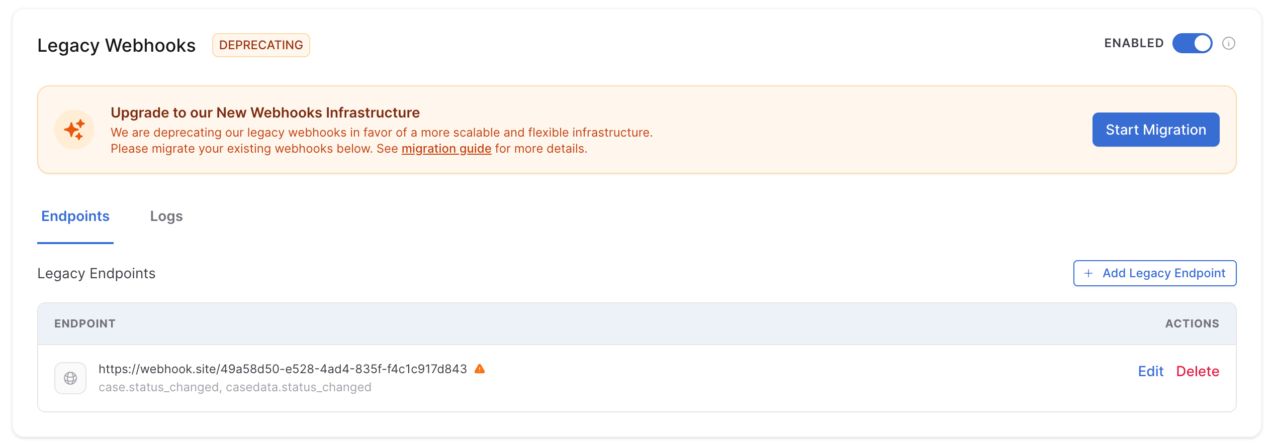 The Legacy Webhooks panel showing the upgrade banner and Start Migration button.