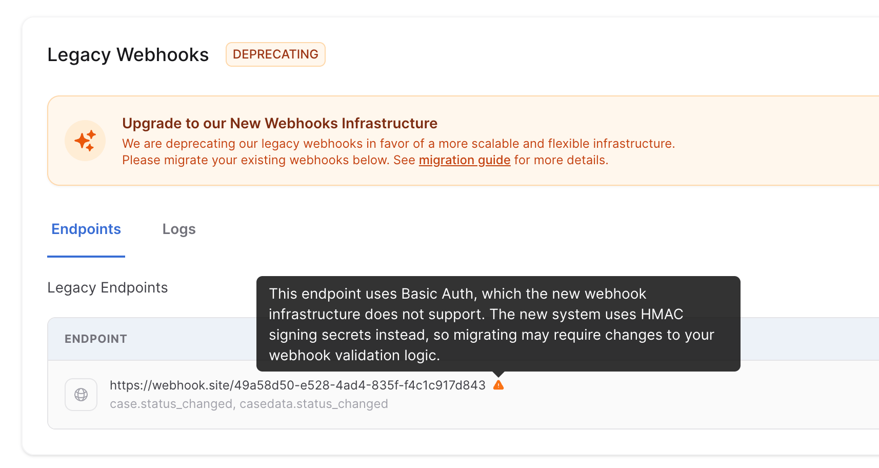 A tooltip warning that the endpoint uses Basic Auth, which the new system does not support.