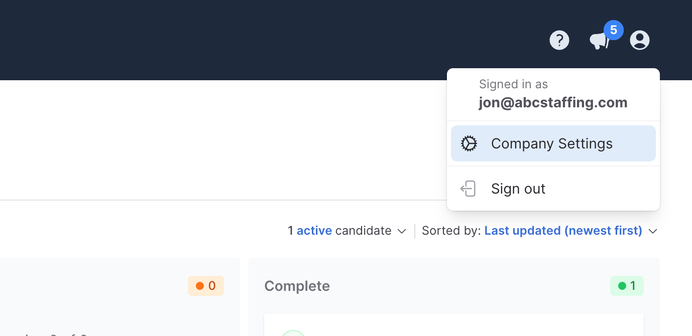 The profile dropdown menu with Company Settings highlighted.