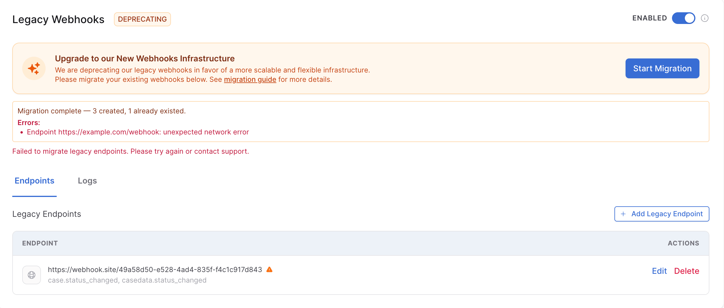 The Legacy Webhooks panel showing the error results under the upgrade banner.