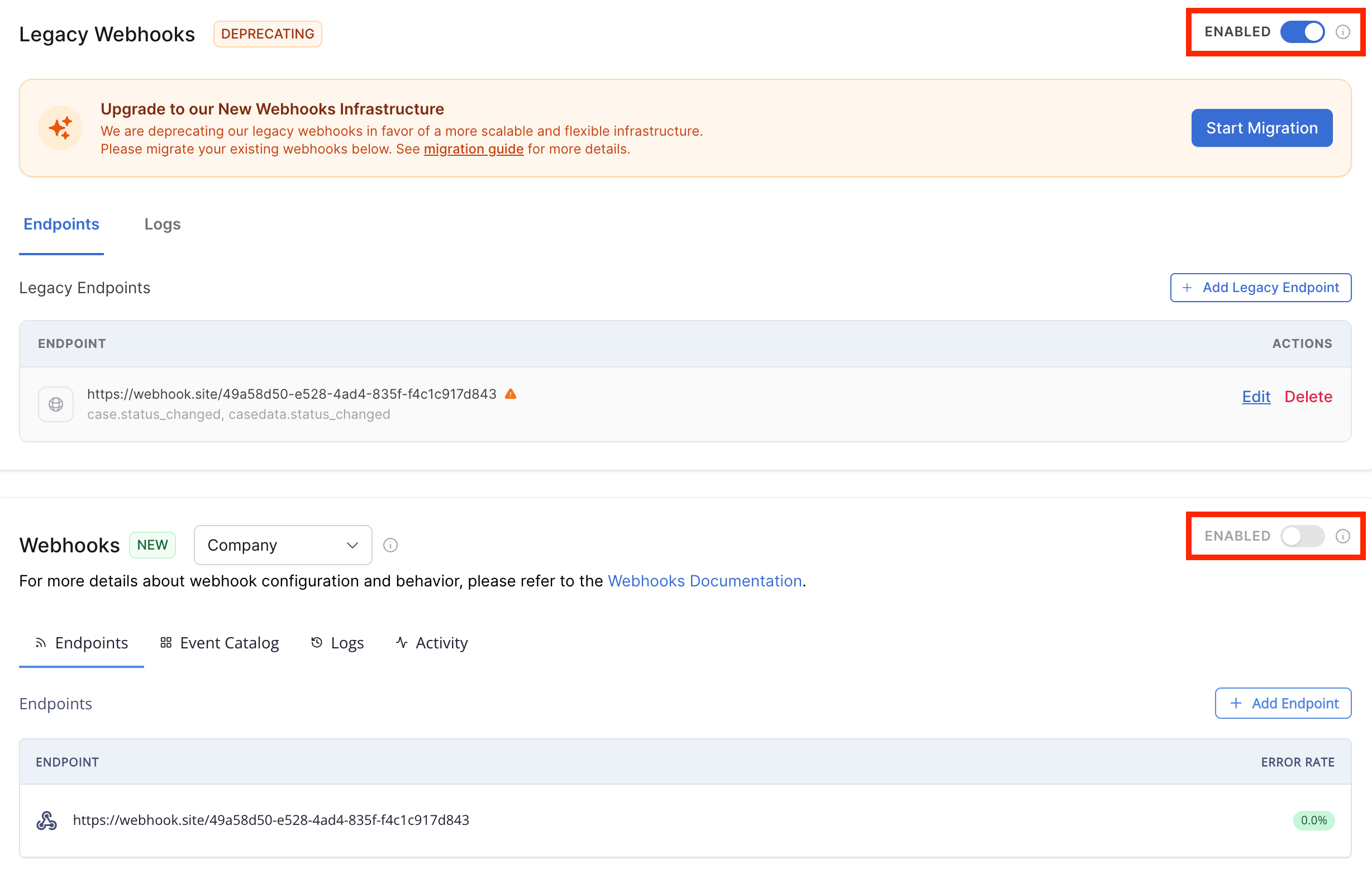 Both the Legacy Webhooks and New Webhooks panels, highlighing where the delivery toggles are.