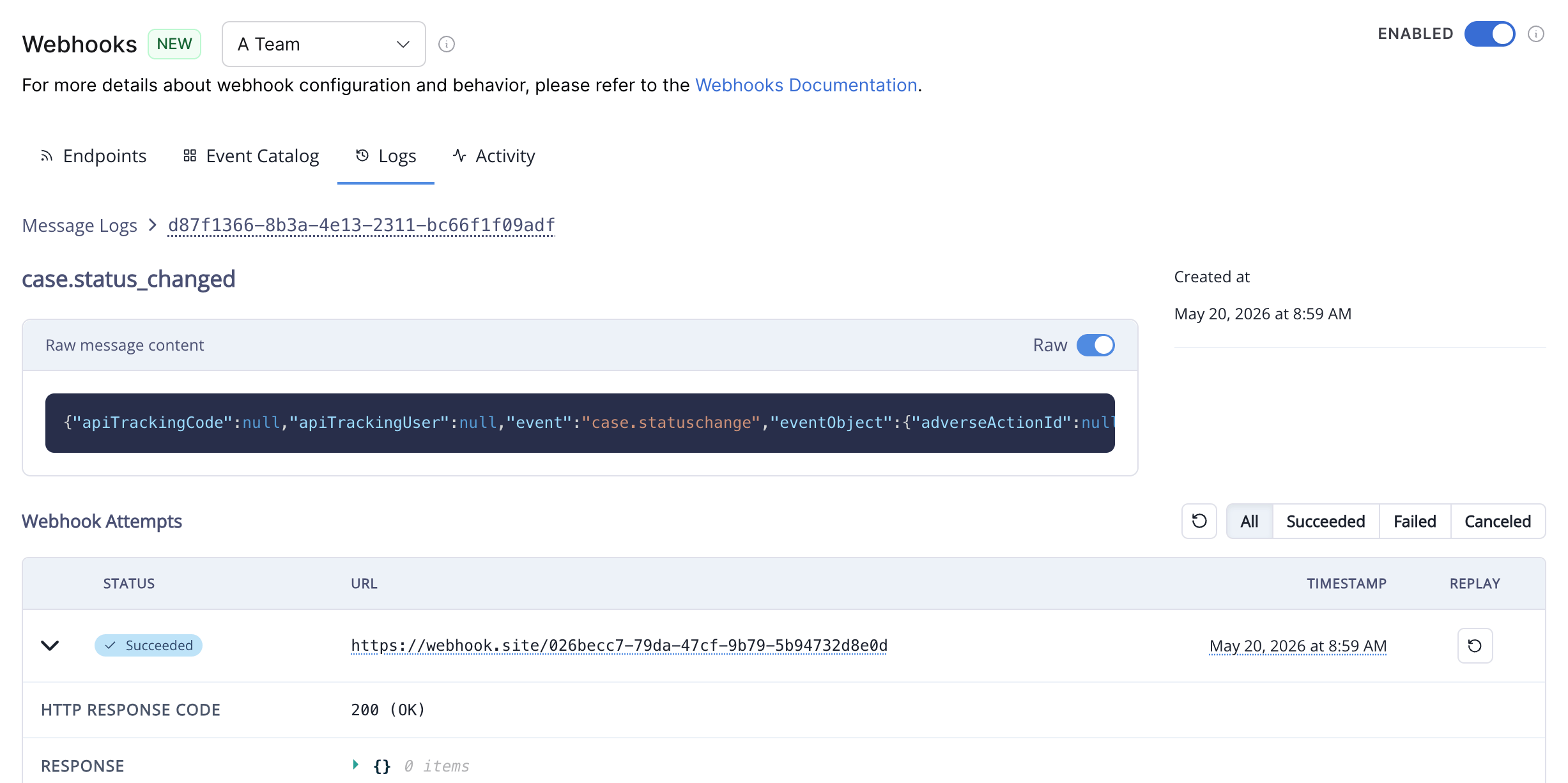 The delivery log in the new Webhooks panel showing a successful webhook attempt.