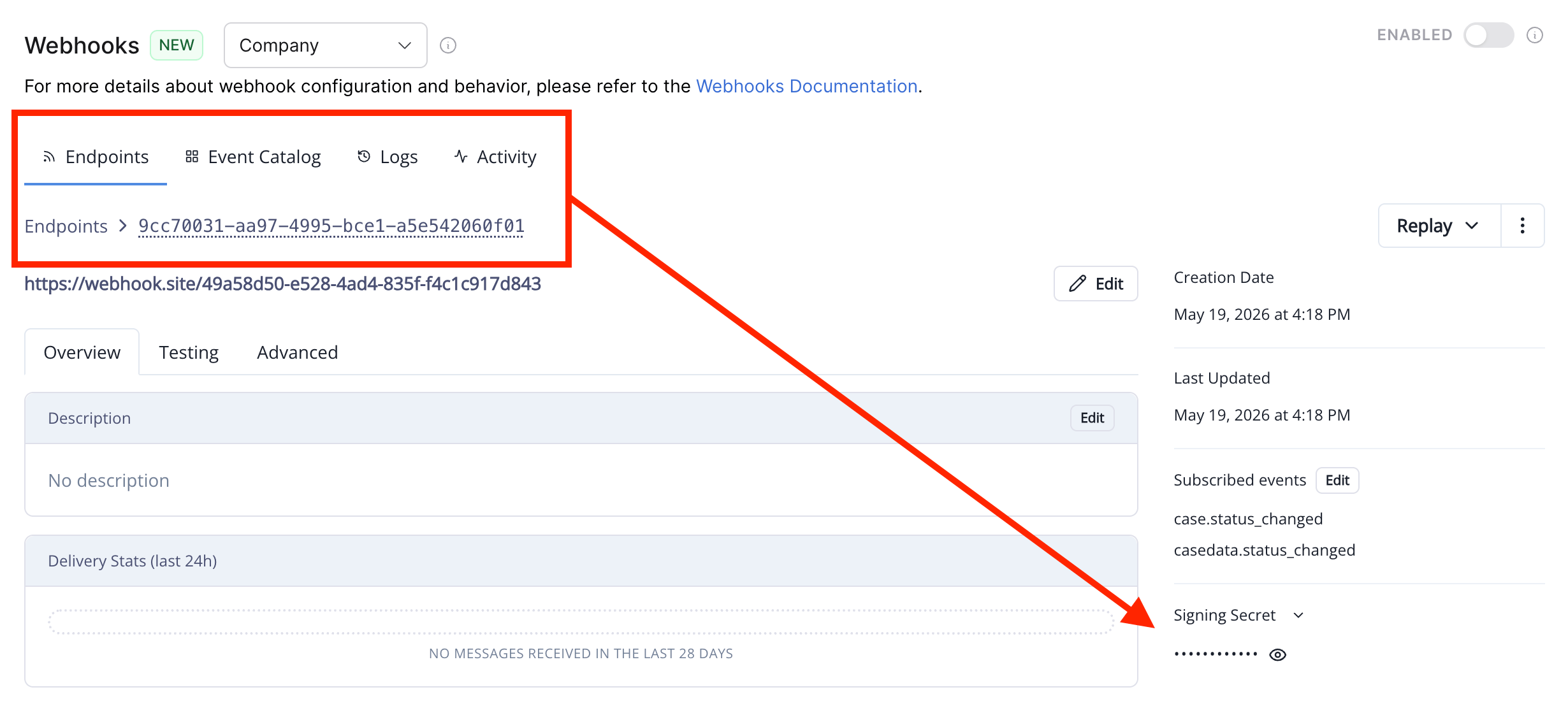 The new webhook endpoint detail view highlighting the signing secret location.