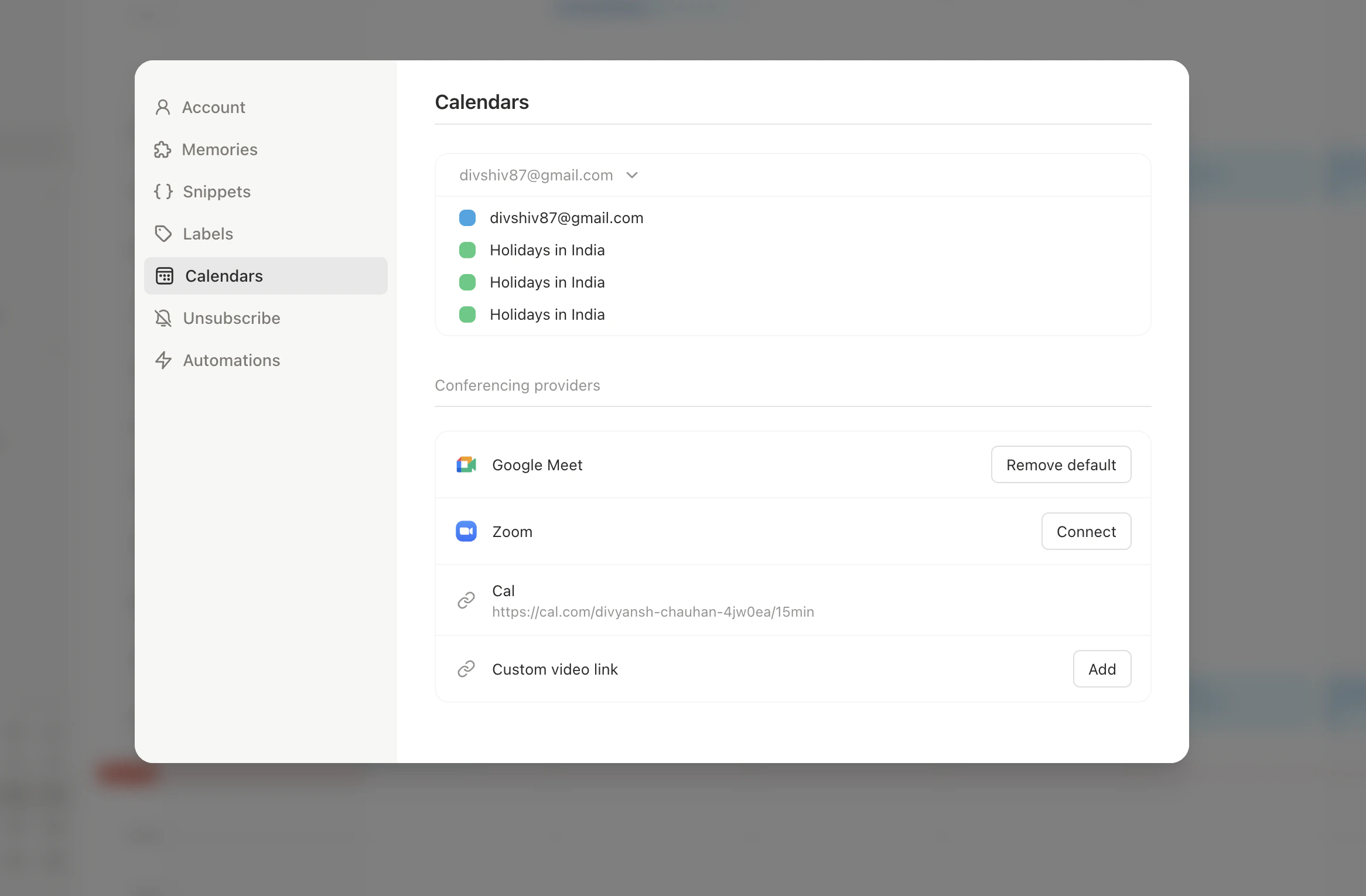 Calendar settings showing list of calendars with toggle switches