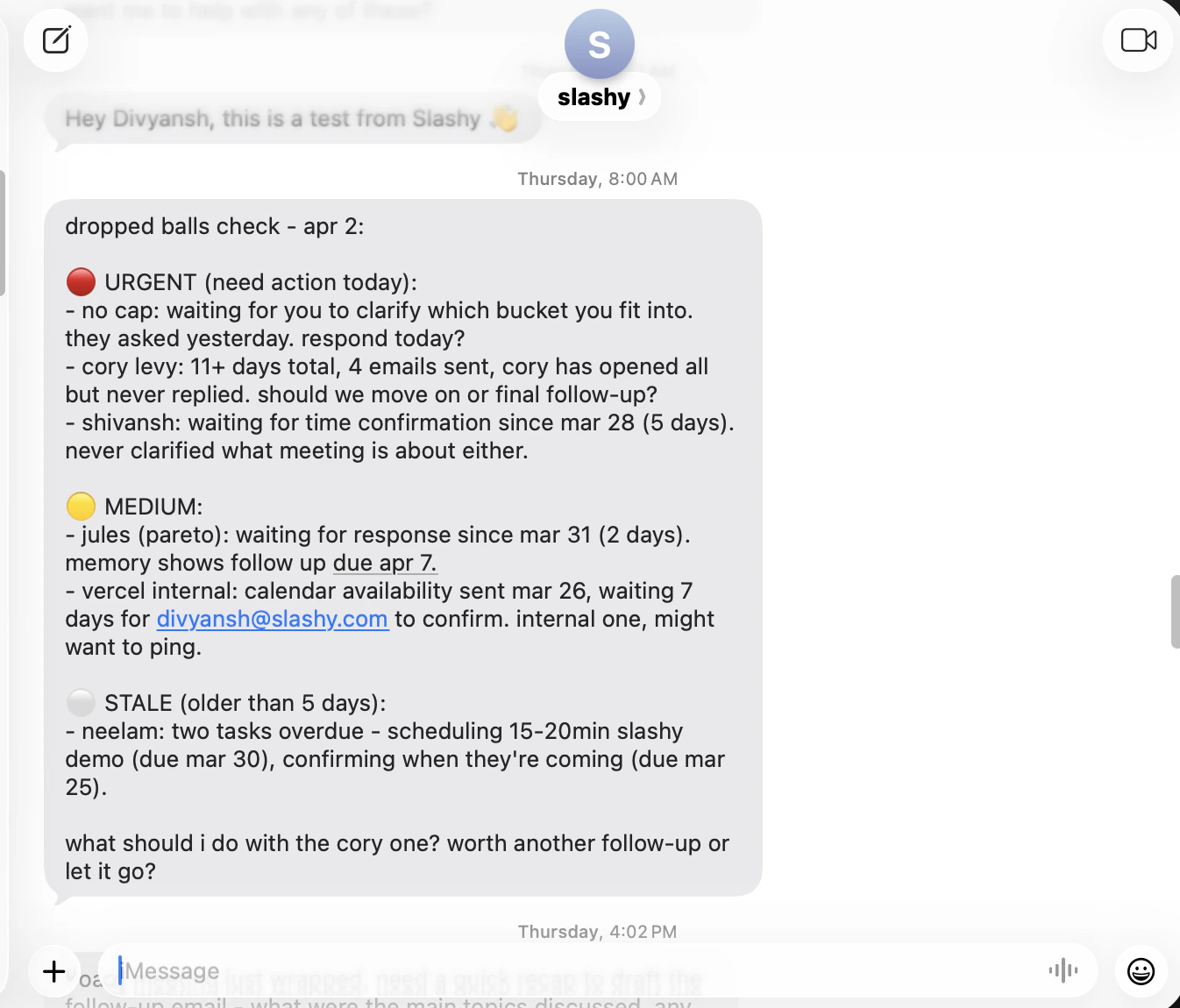 iMessage showing a dropped ball scanner summary with three unanswered threads