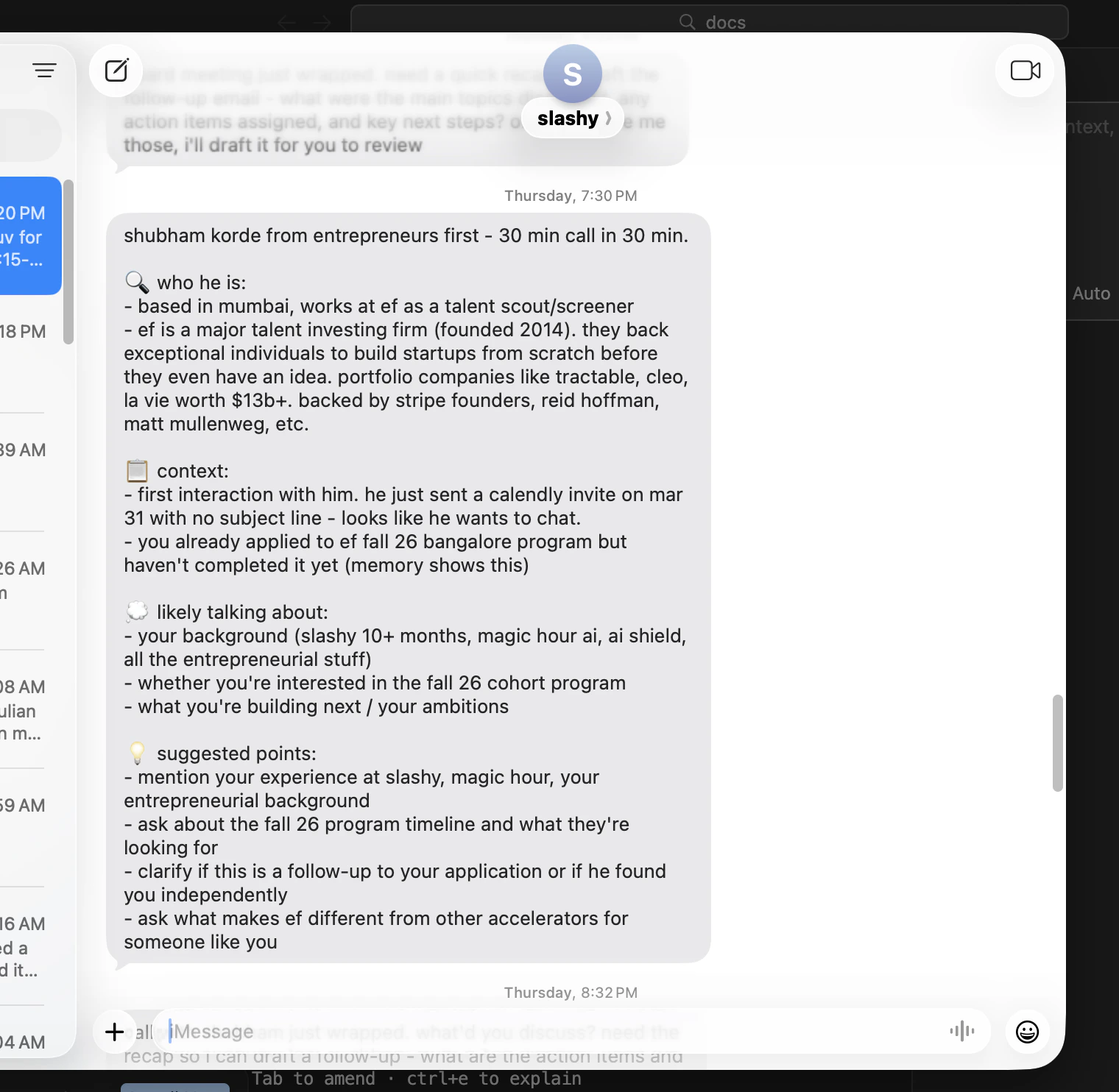 iMessage meeting prep briefing with attendee backgrounds