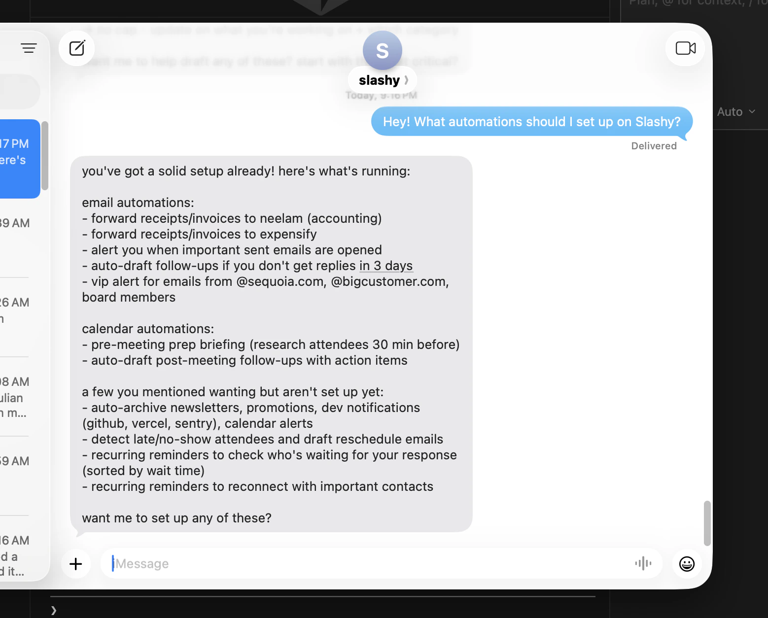 iMessage conversation showing user sending hi and agent responding