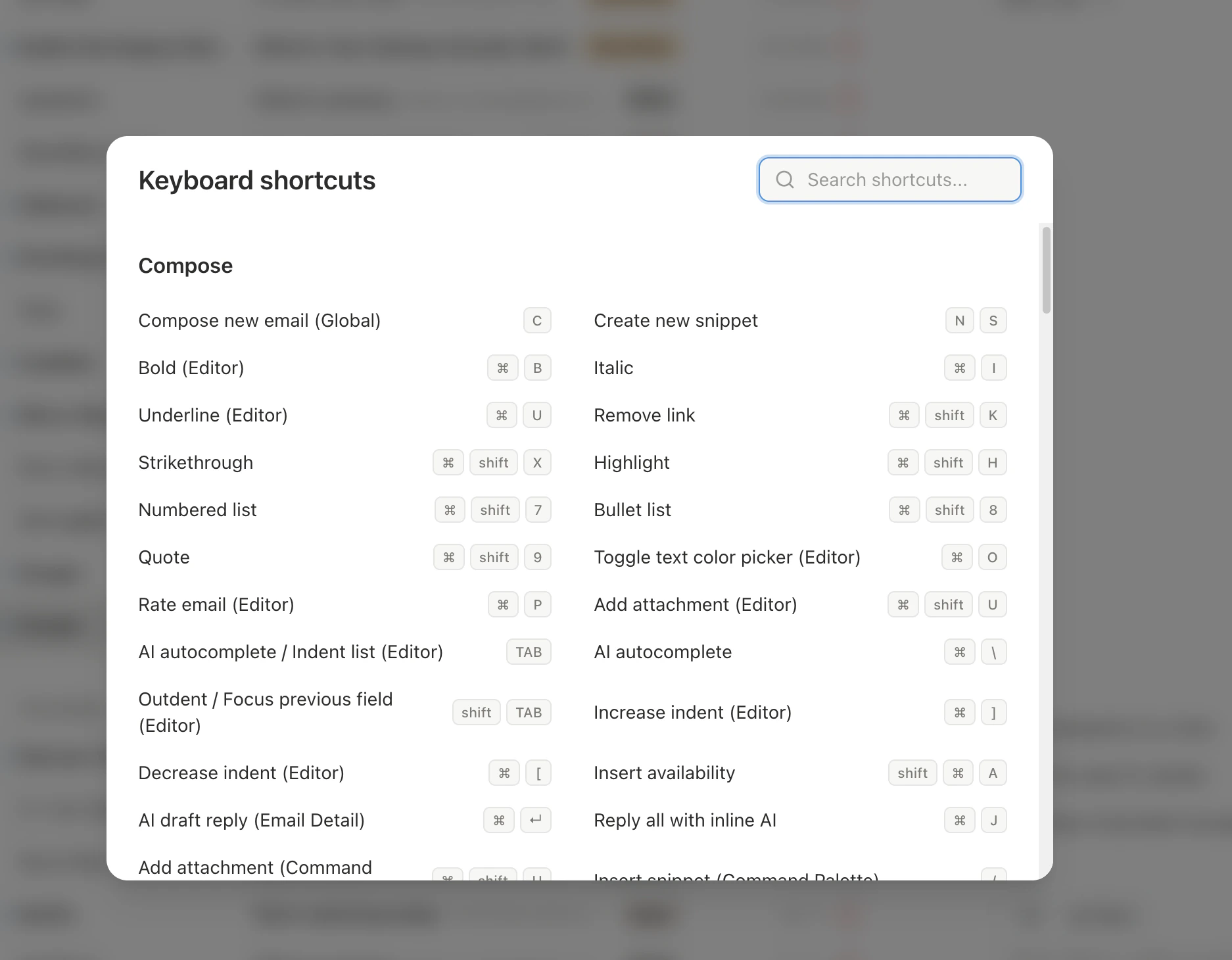 Slashy keyboard shortcuts reference panel showing navigation, compose, and action shortcuts