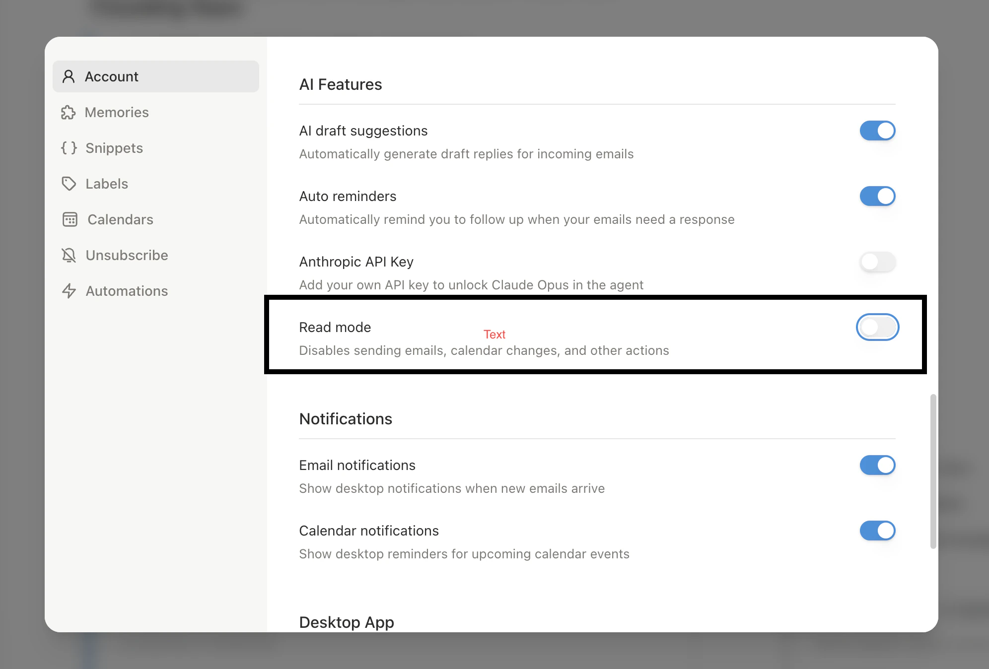 Read Mode toggle in Settings with explanation callout