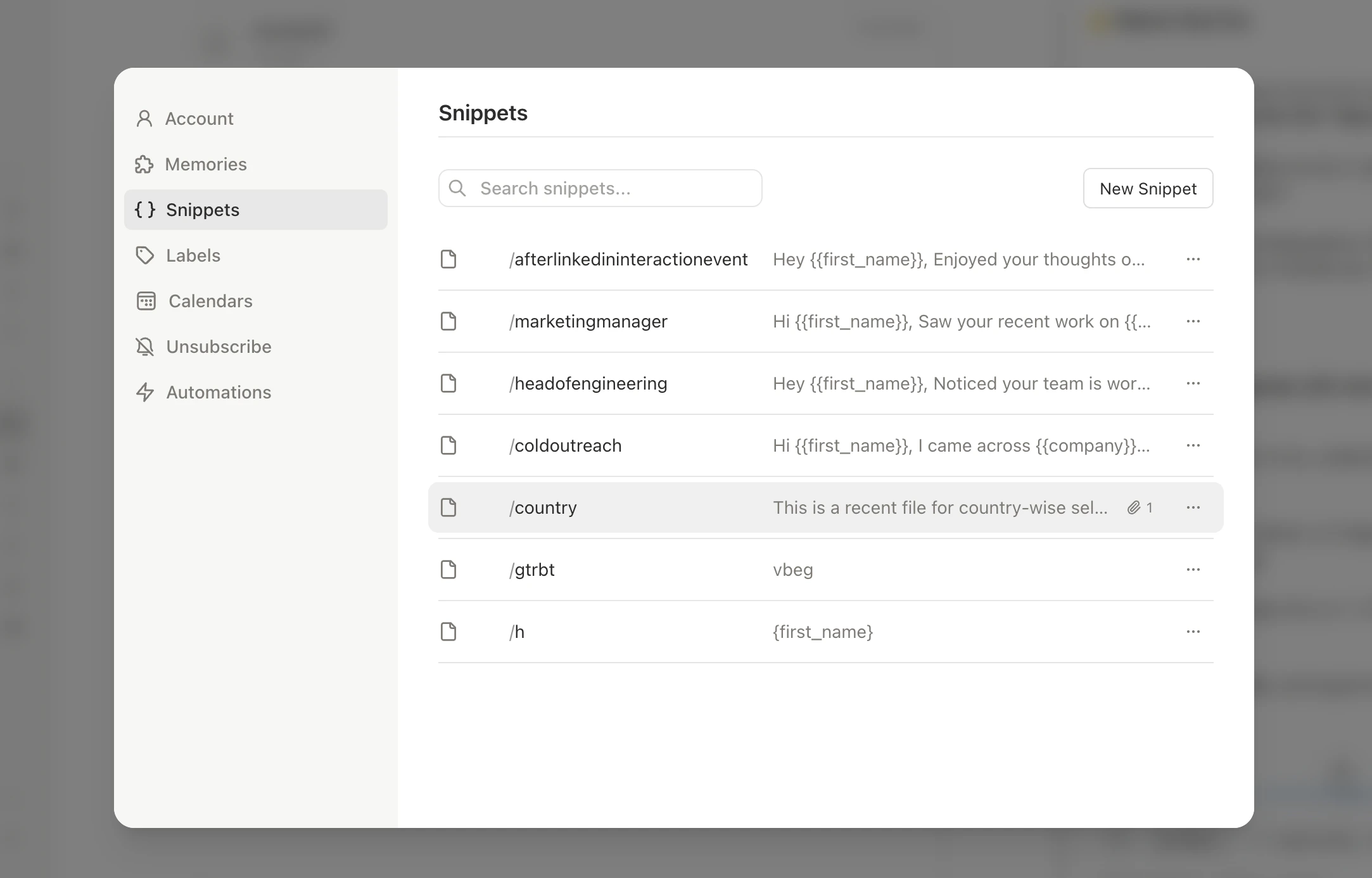 Snippet library with outreach templates for different roles and stages