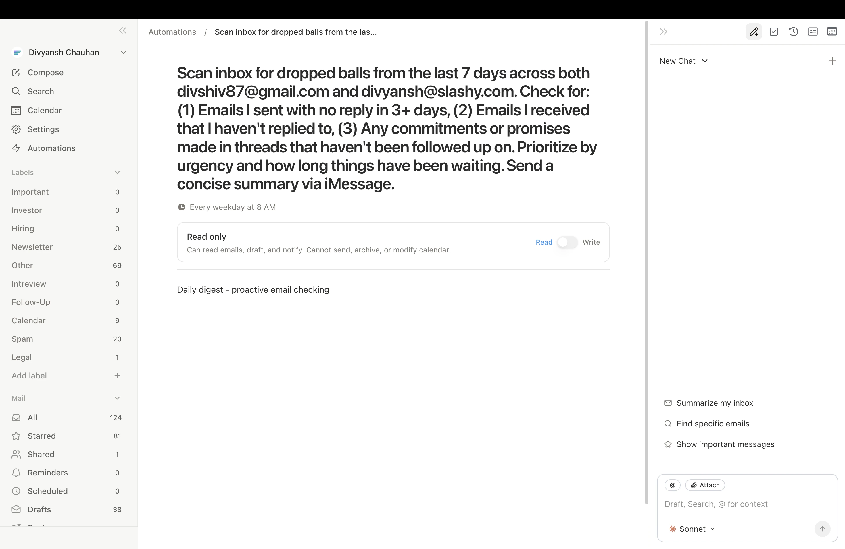 Automation setup for a 3-day follow-up nudge on unanswered prospect emails