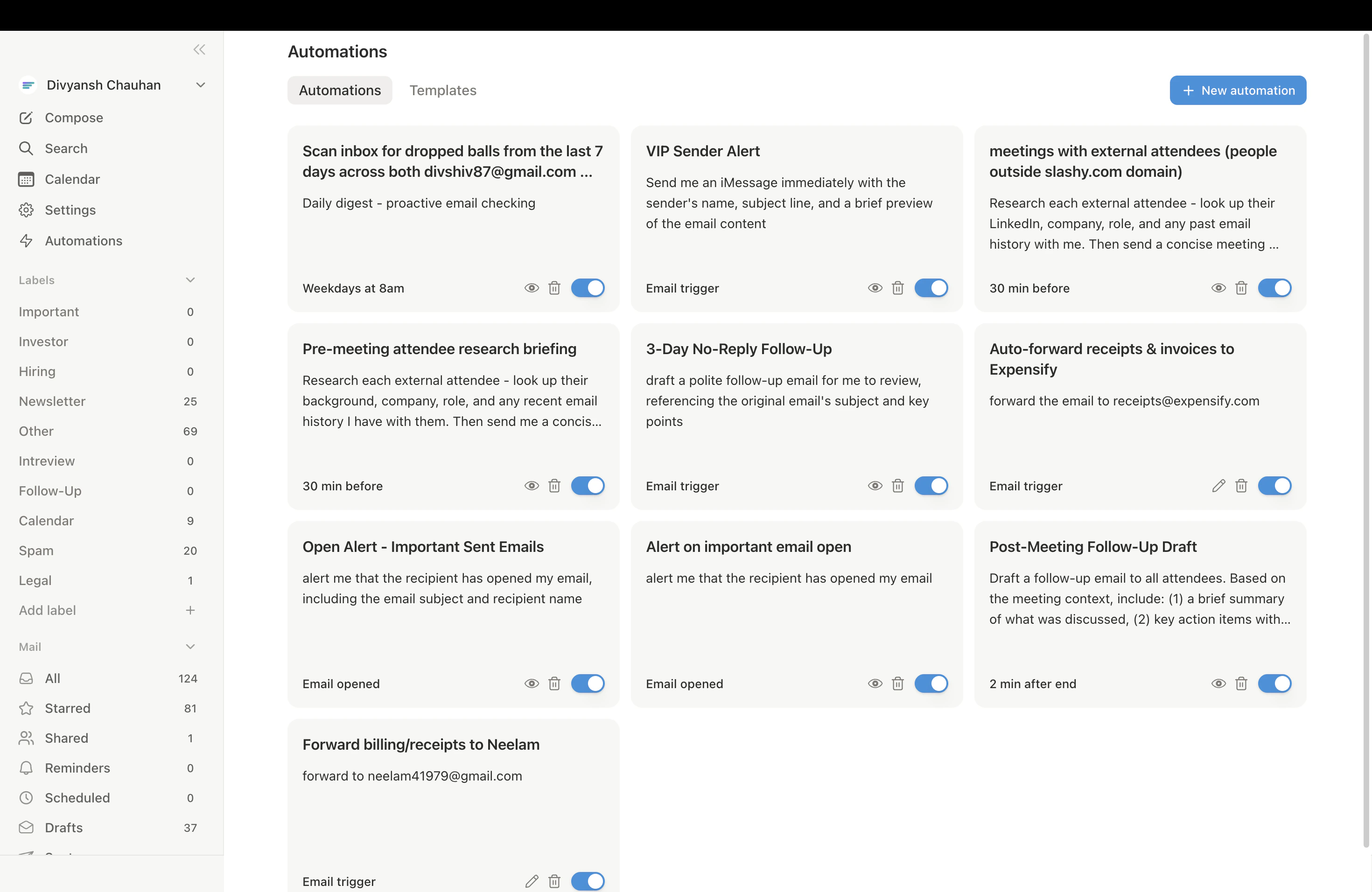 Settings Automations page showing active automations with toggle states