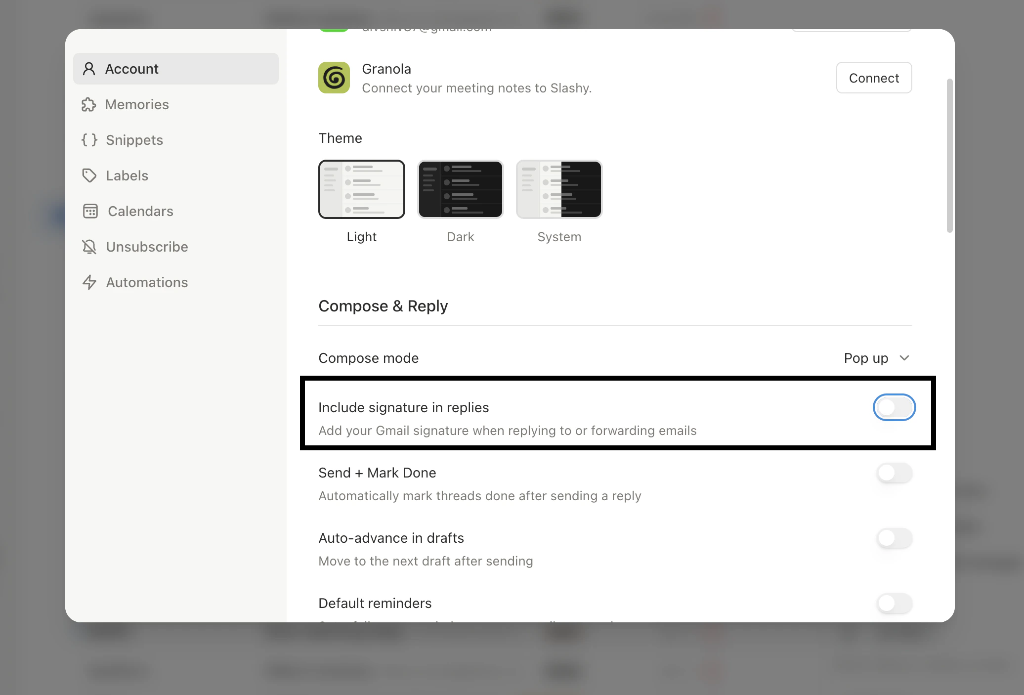 Settings showing the Sent with Slashy toggle in off position