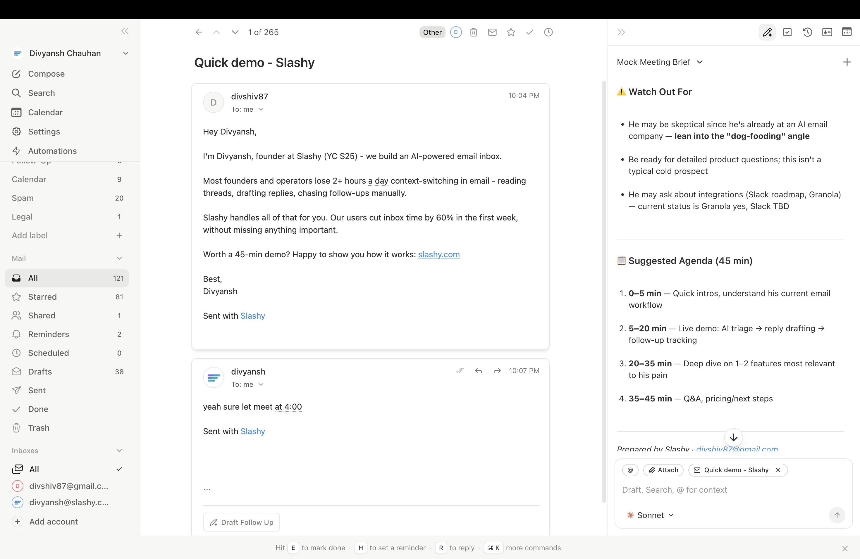 Meeting prep briefing showing founder email history and open threads before a pitch meeting