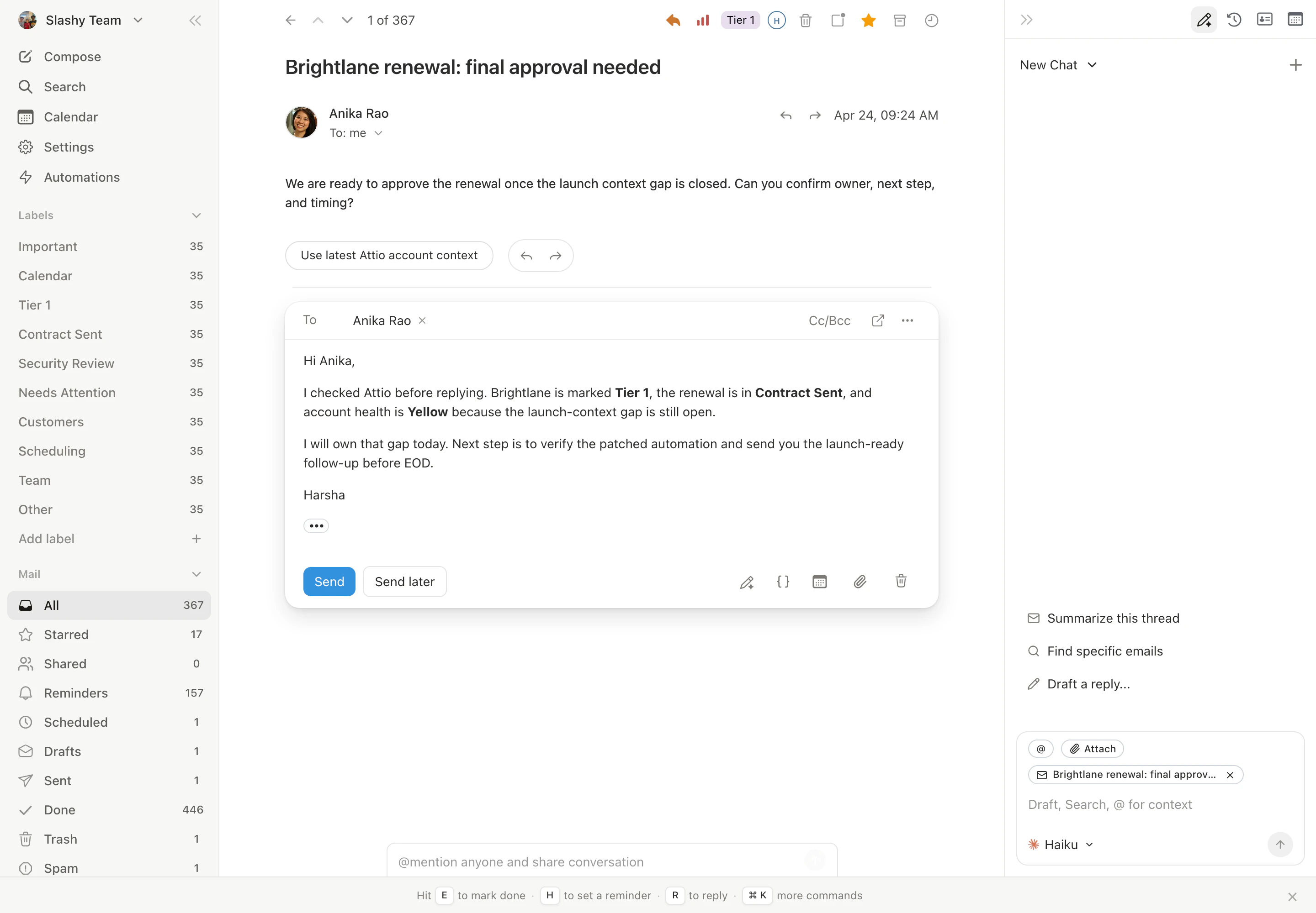 AI-generated draft reply in the compose area, written with CRM account context