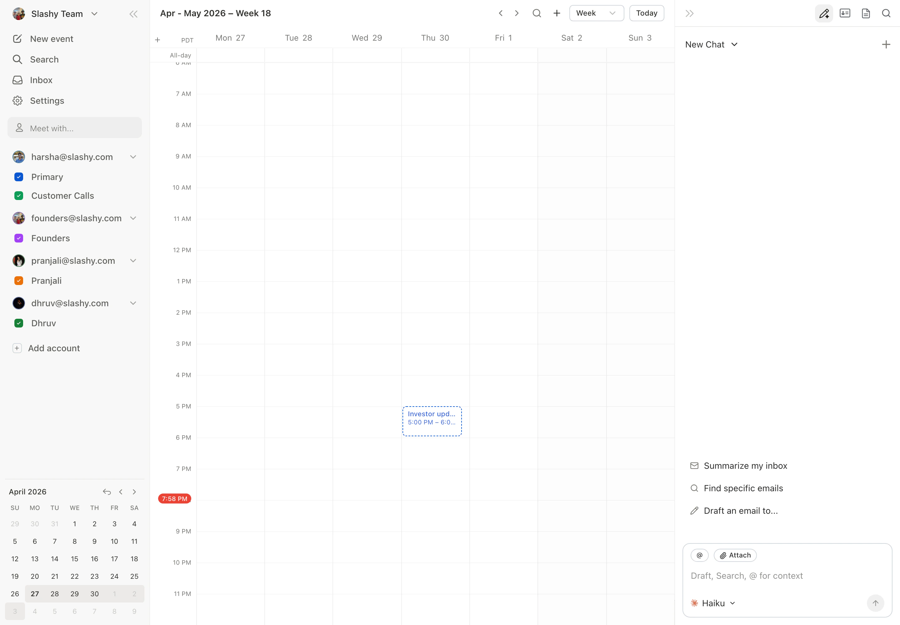 Slashy calendar week view with a scheduled meeting that a calendar trigger can fire around