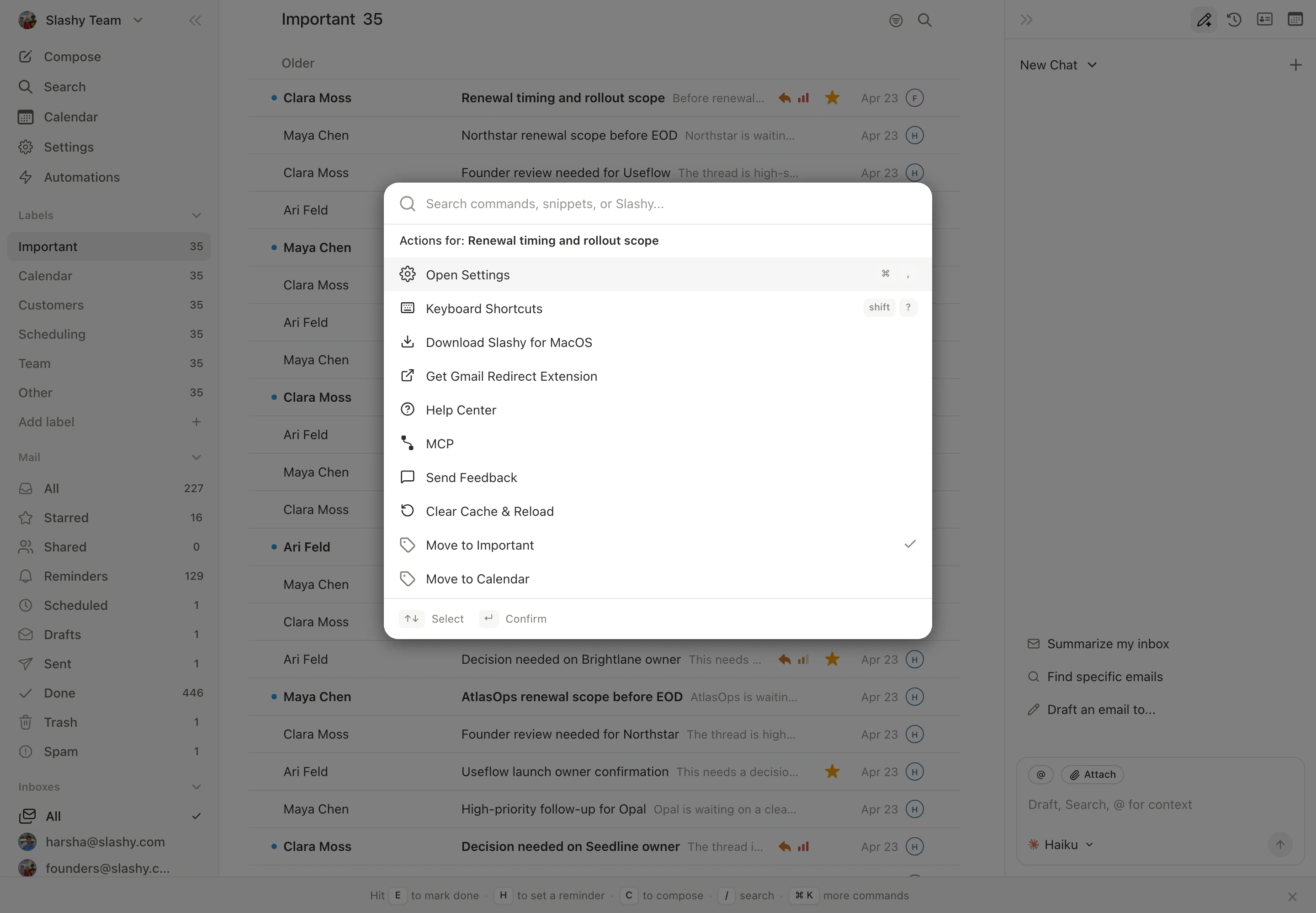 Command palette open with the search box and a list of suggested commands