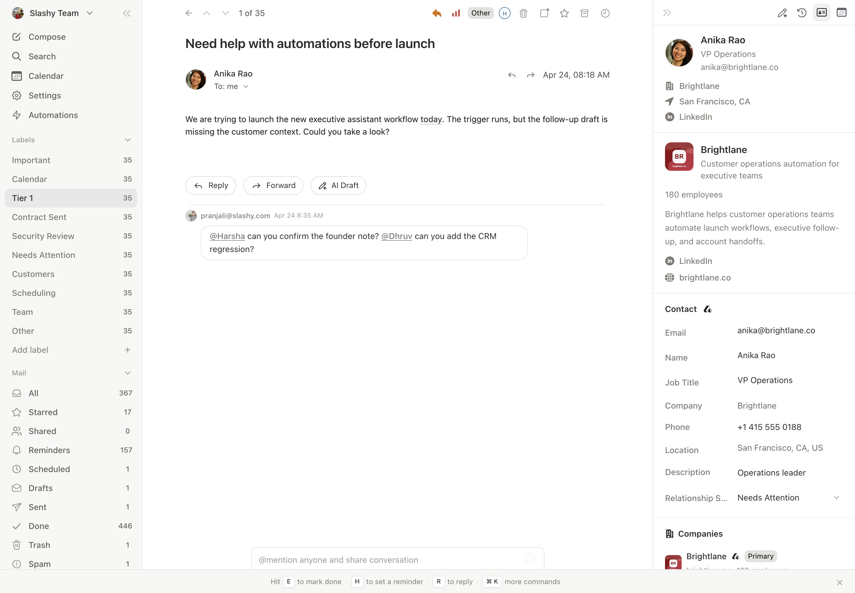 Contact sidebar open on the right with name, title, company, and recent history