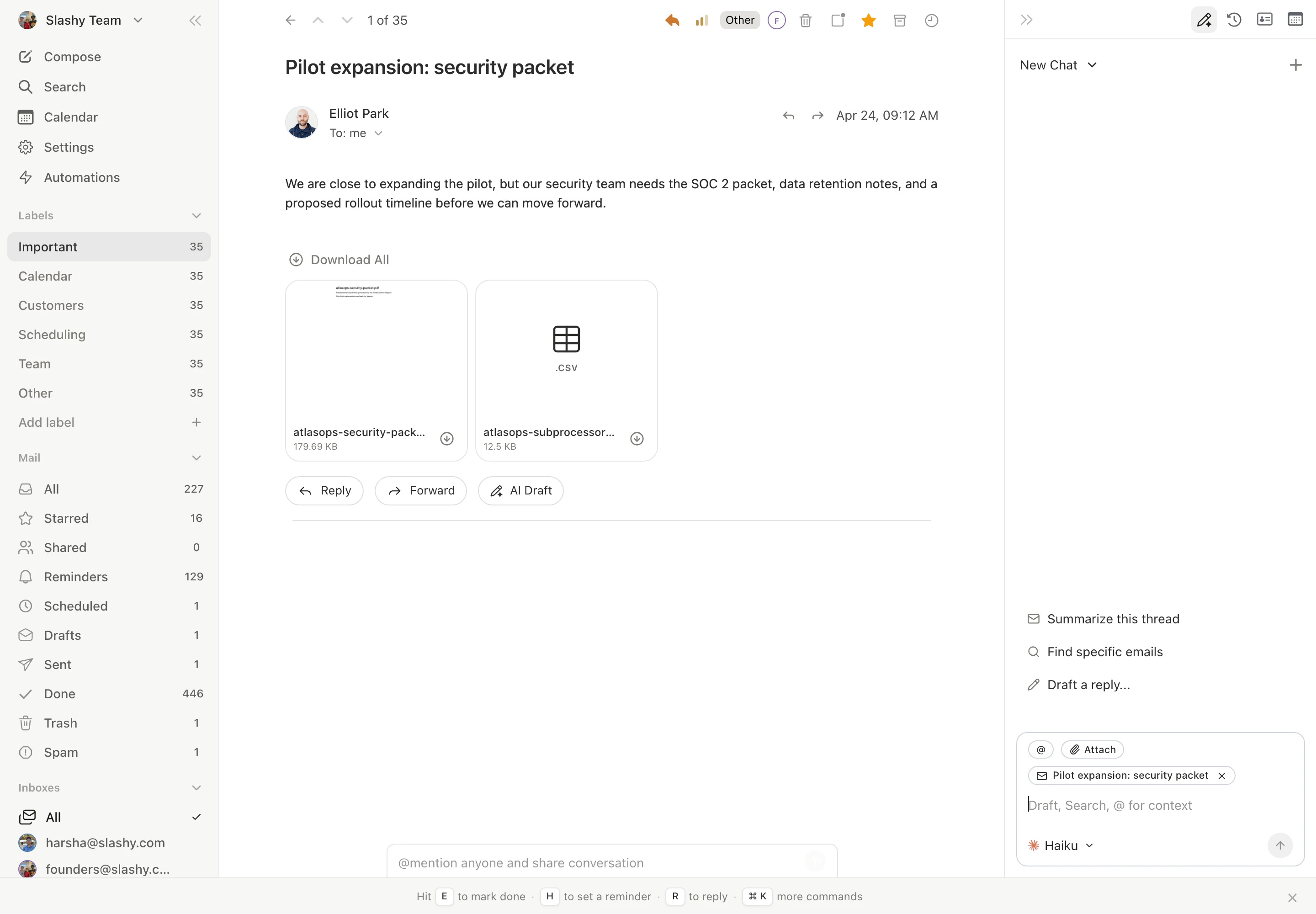 Slashy inbox with AI importance labels in the sidebar, a thread open, and the agent ready in the right panel