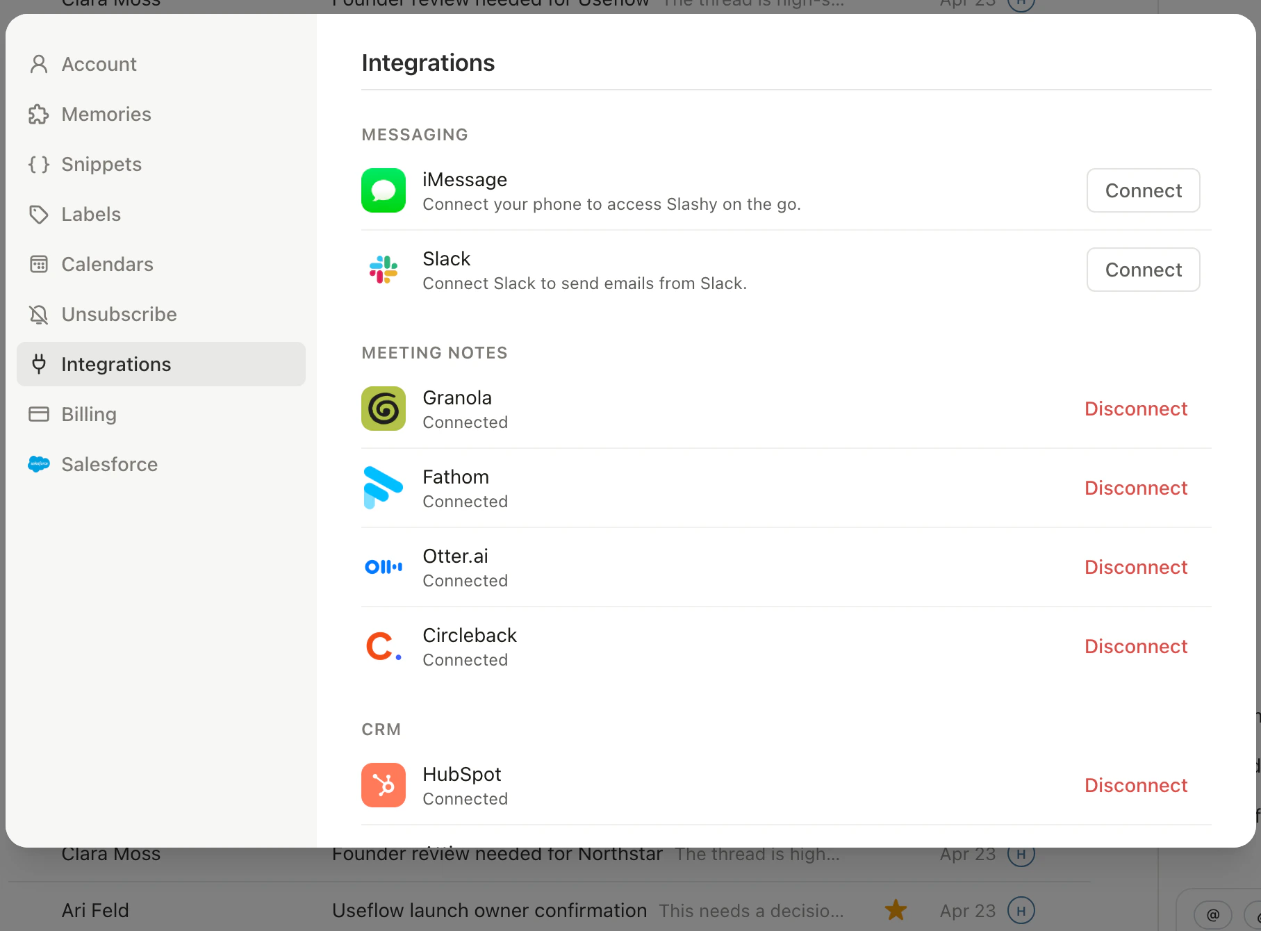 Granola under Meeting Notes in the Slashy Settings Integrations section
