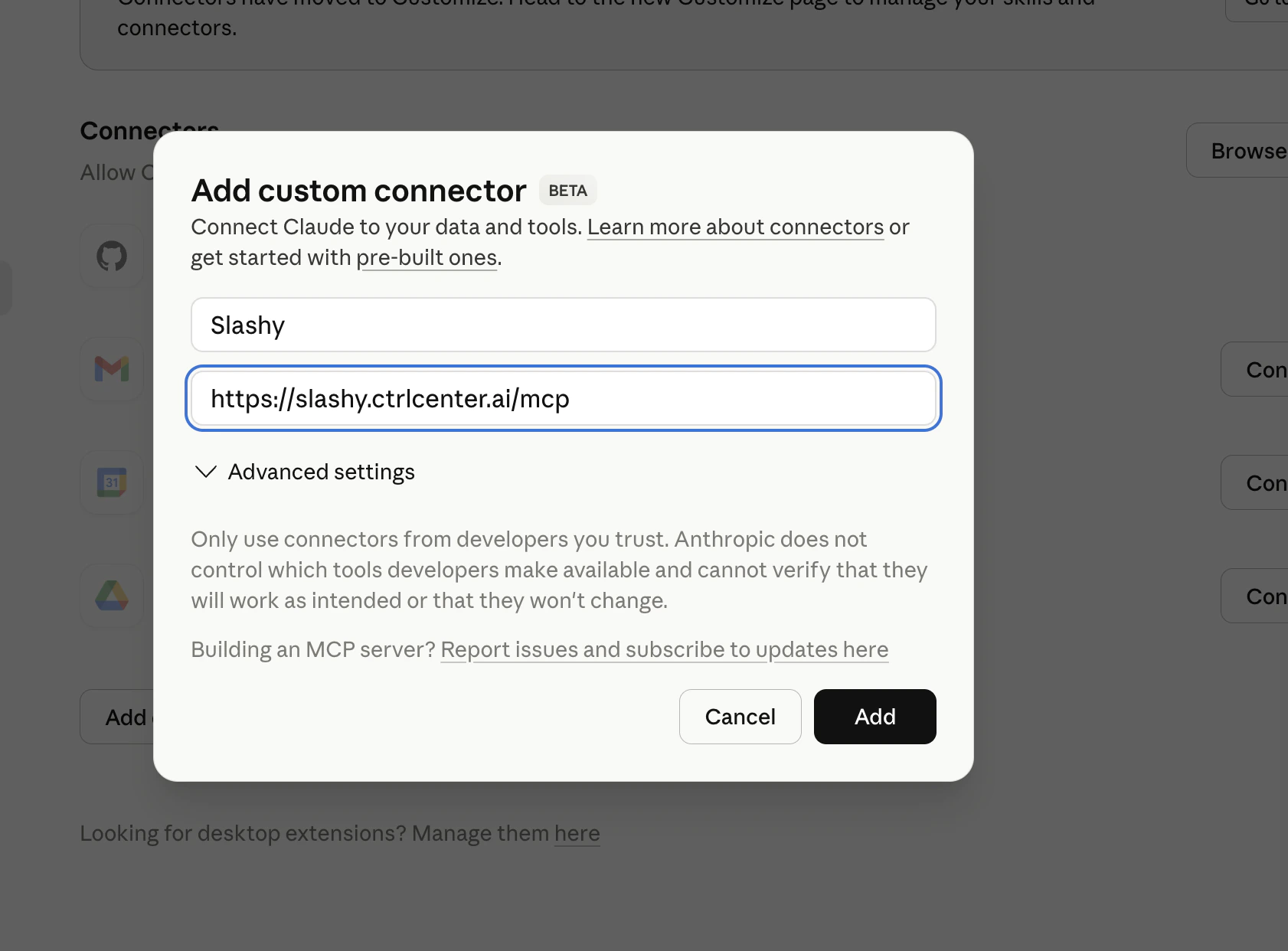 Claude Desktop Add Custom Connector form
