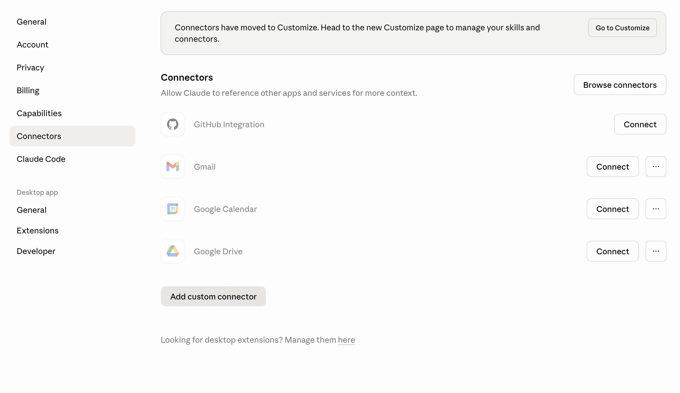 Claude Desktop Connectors settings