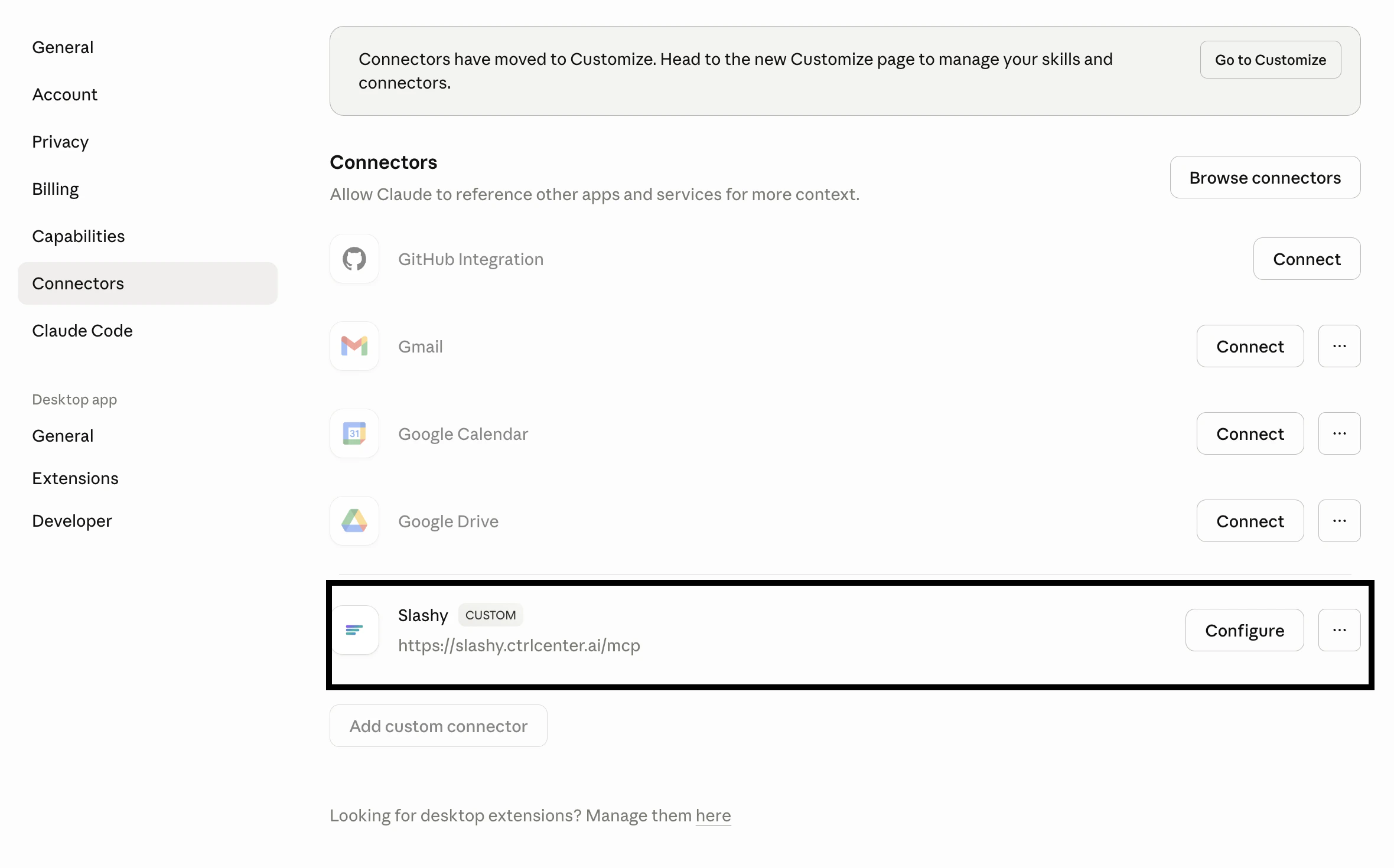 Slashy connector showing connected status