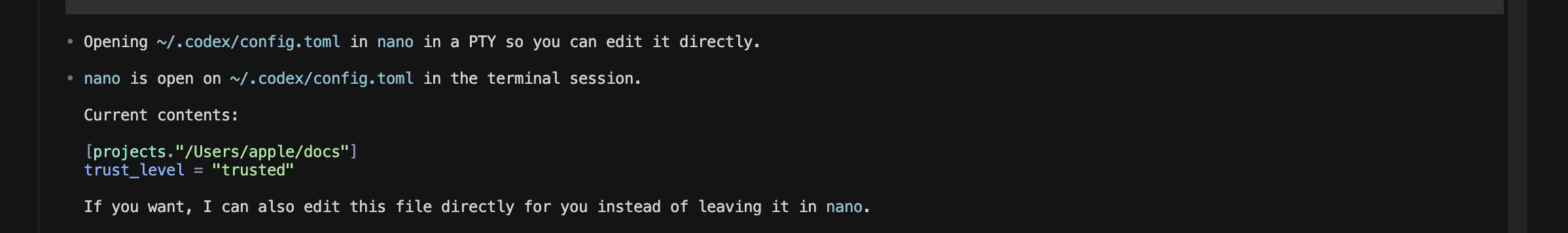 Terminal editing ~/.codex/config.toml