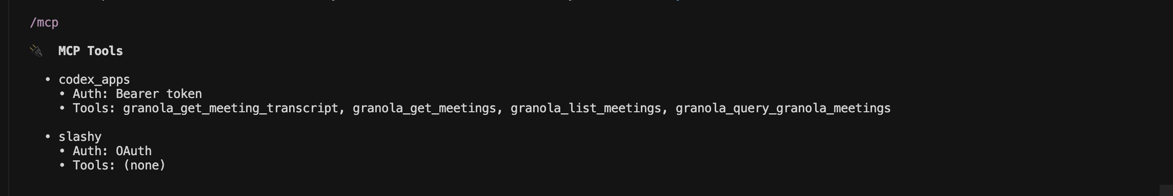Codex /mcp output showing Slashy connected
