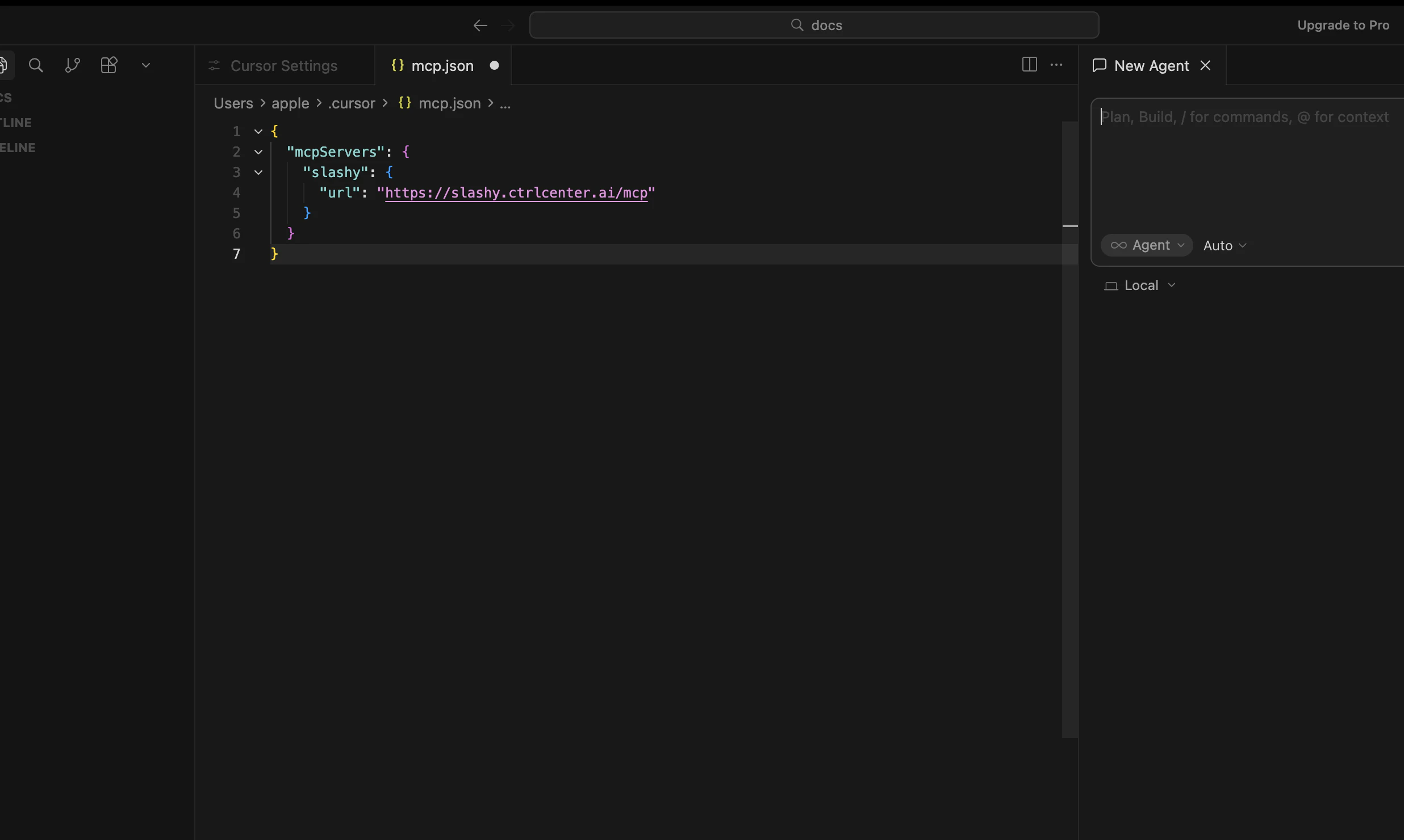 Cursor mcp.json file with Slashy entry