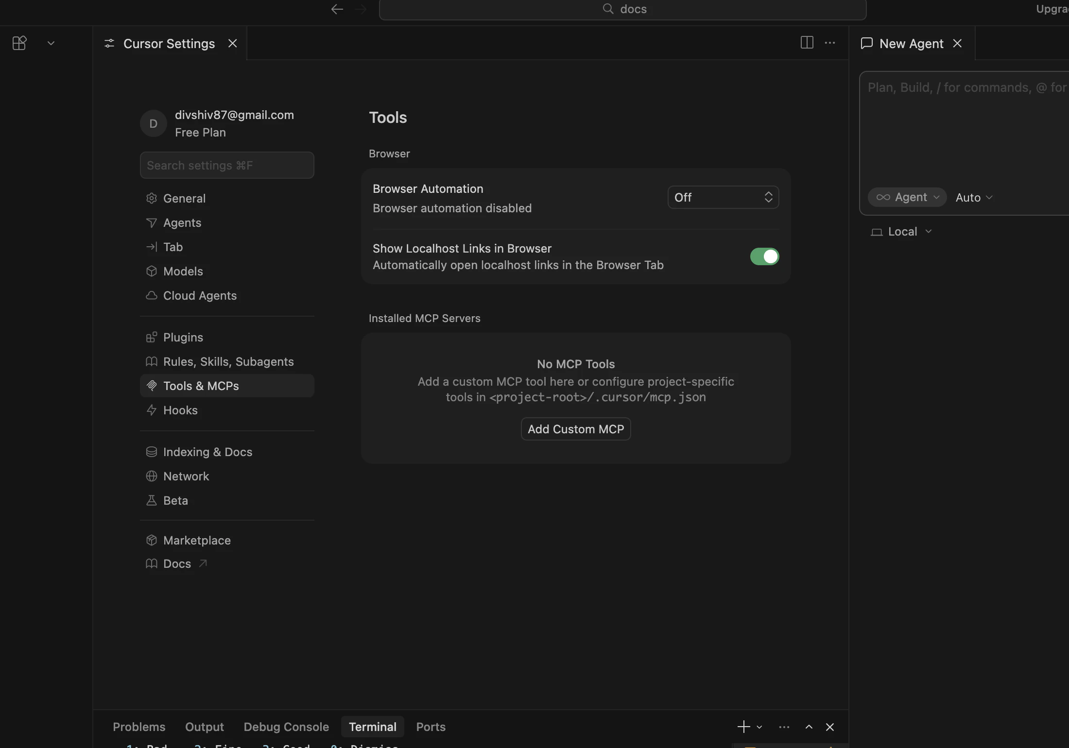 Cursor MCP settings panel
