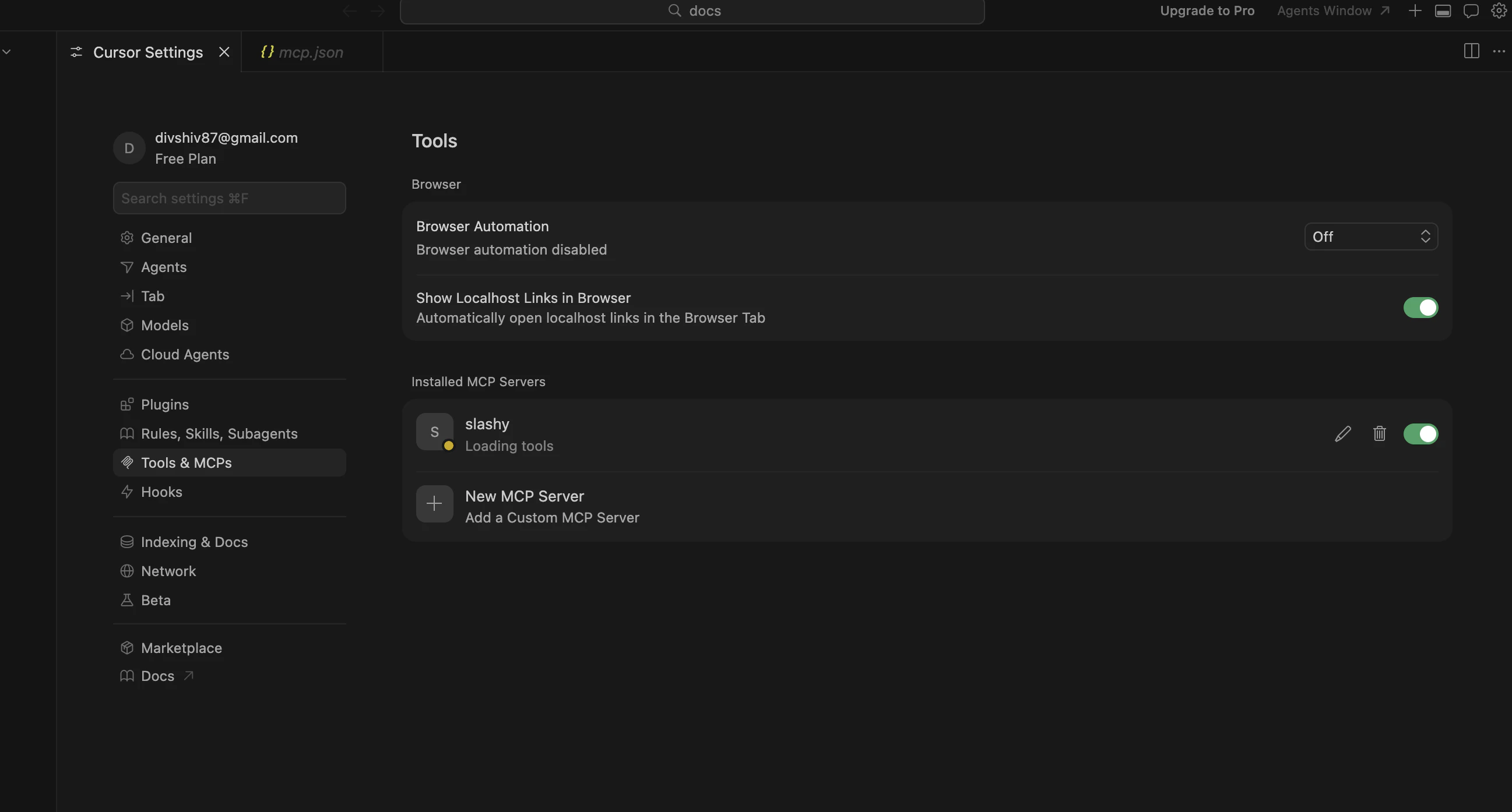 Cursor MCP panel showing Slashy connected