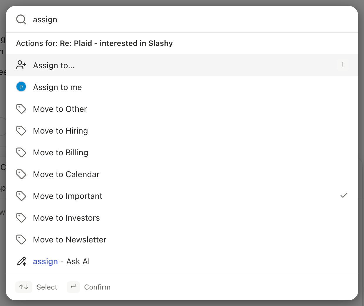 Command palette with Assign to... and Assign to me at the top