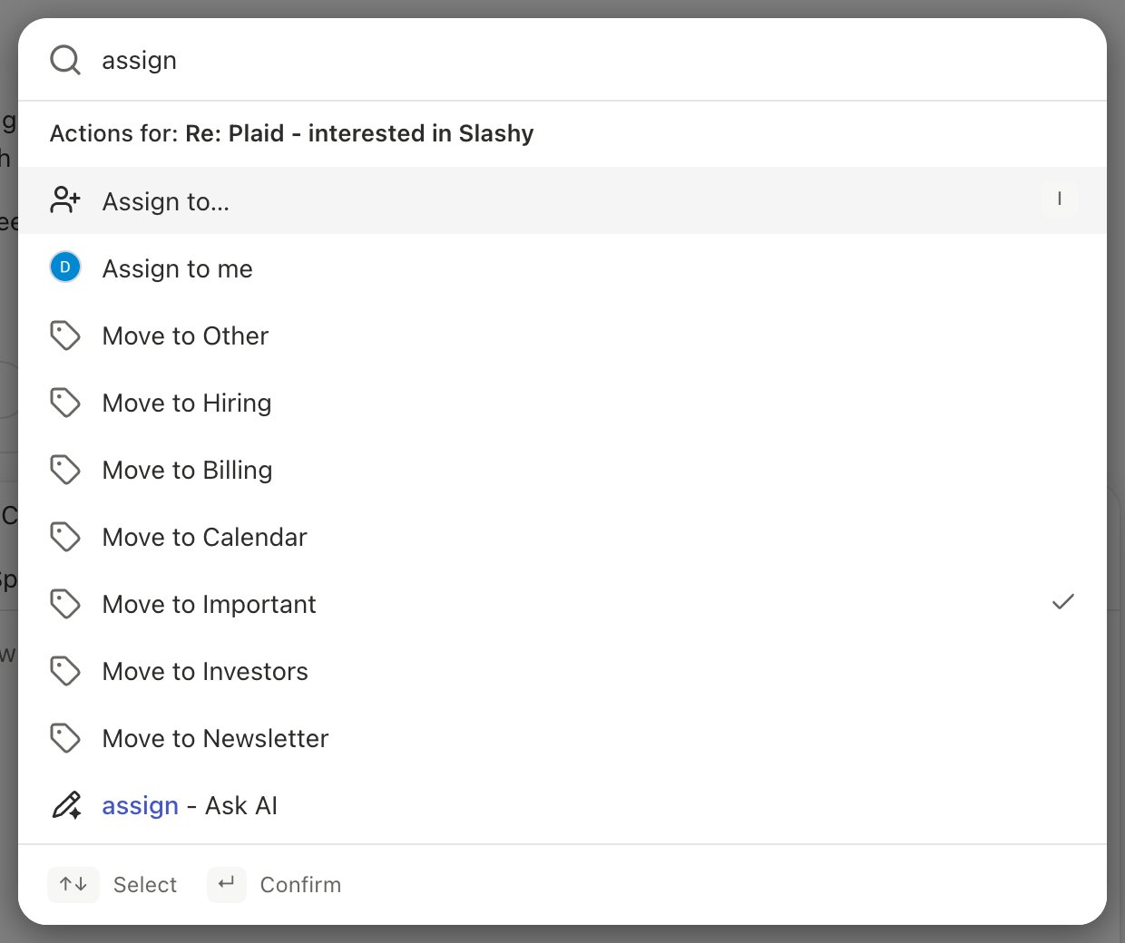 Command palette with Assign to... and Assign to me at the top