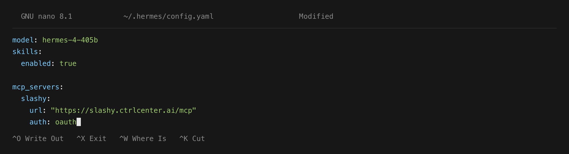 Hermes config.yaml with the Slashy mcp_servers block