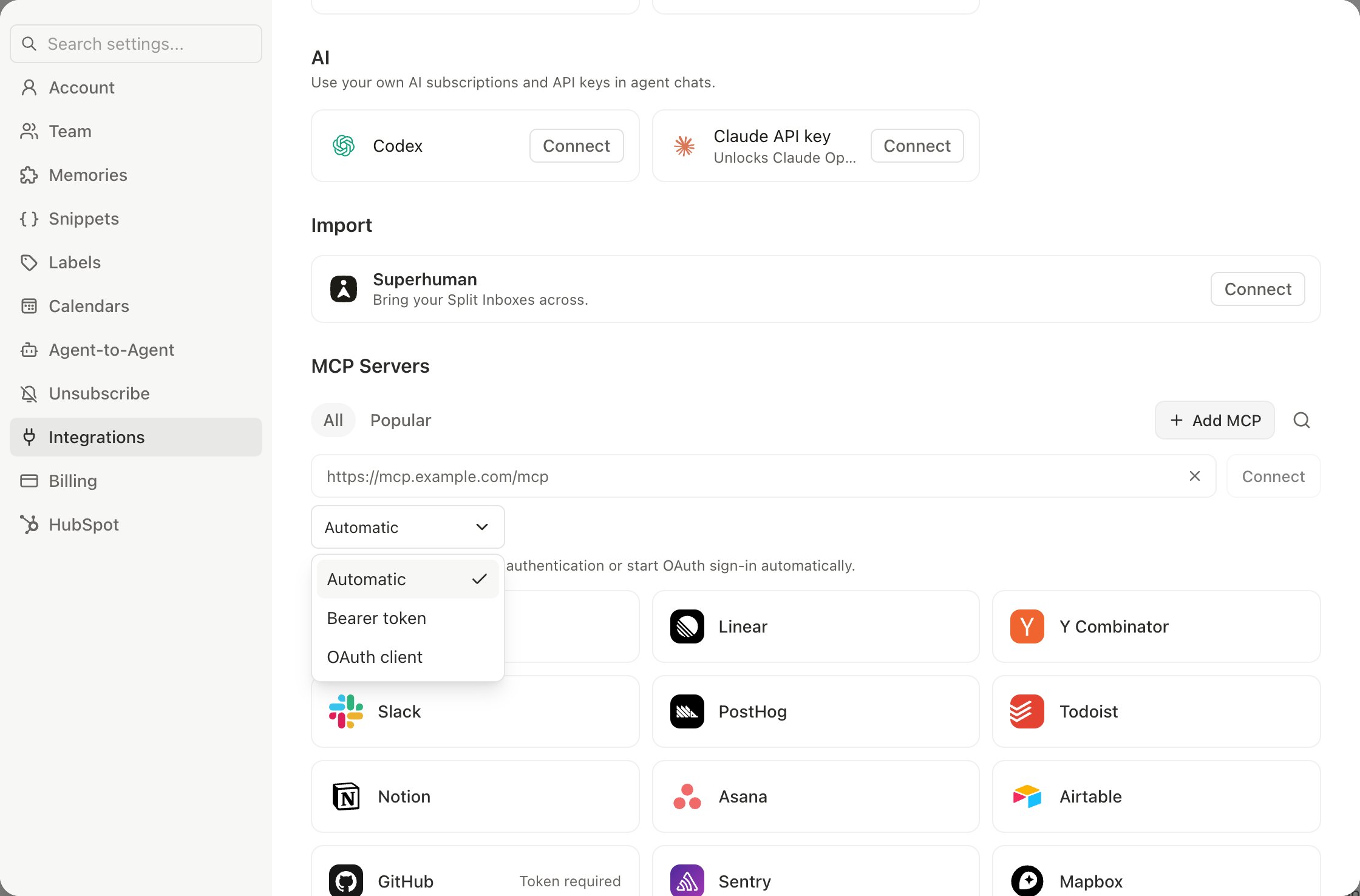 Add MCP dialog with a custom server URL field and the Automatic, Bearer token, and OAuth client auth options