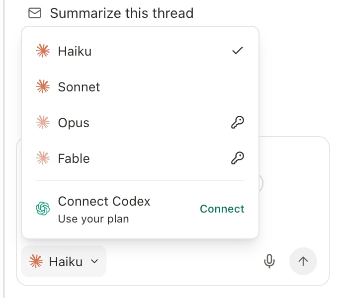 Agent chat model picker open, listing Haiku, Sonnet, Opus, and Fable with key icons on the models that need an Anthropic key