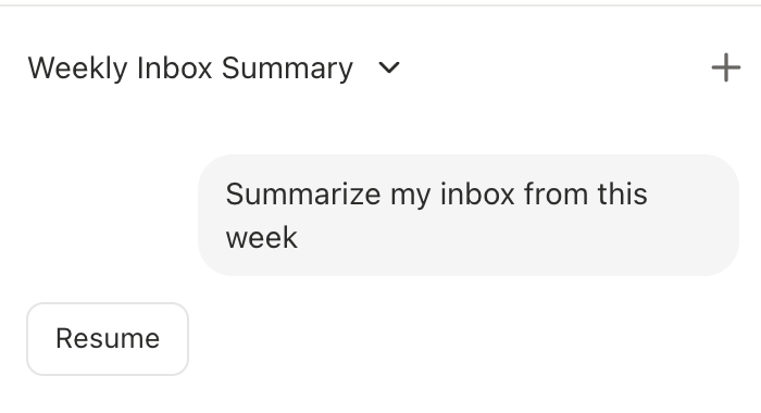 Agent chat with a stopped reply and a Resume button below it