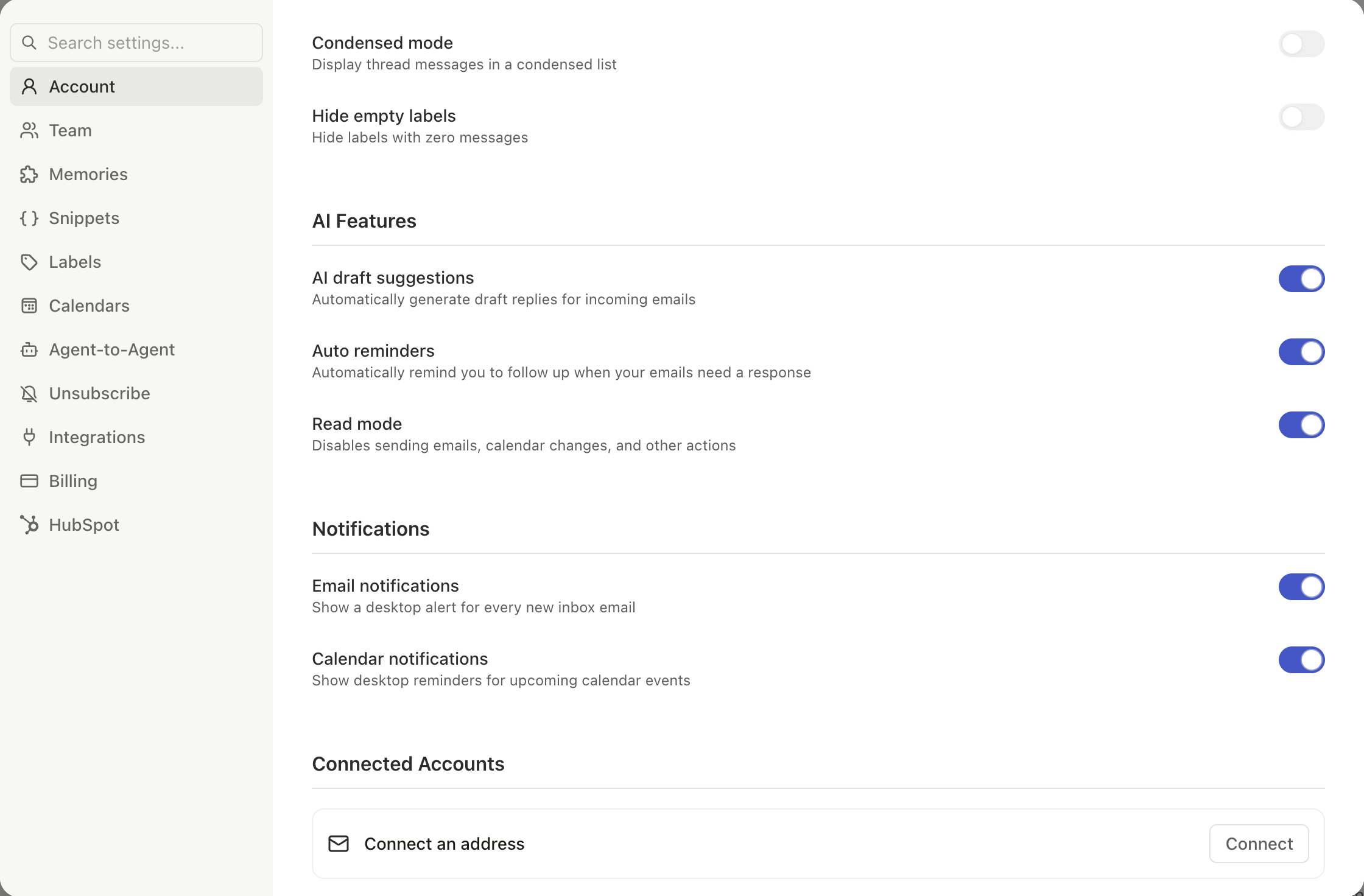 AI privacy settings and Read Mode toggle